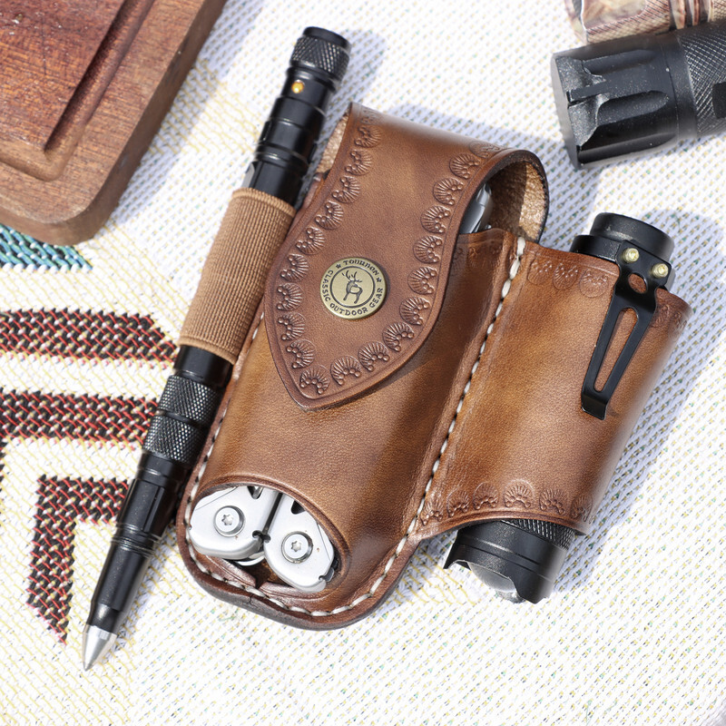 TOURBON 3-in-1 Leather Knife EDC Pliers Belt Pouch Camping Tool Clip Sheath US