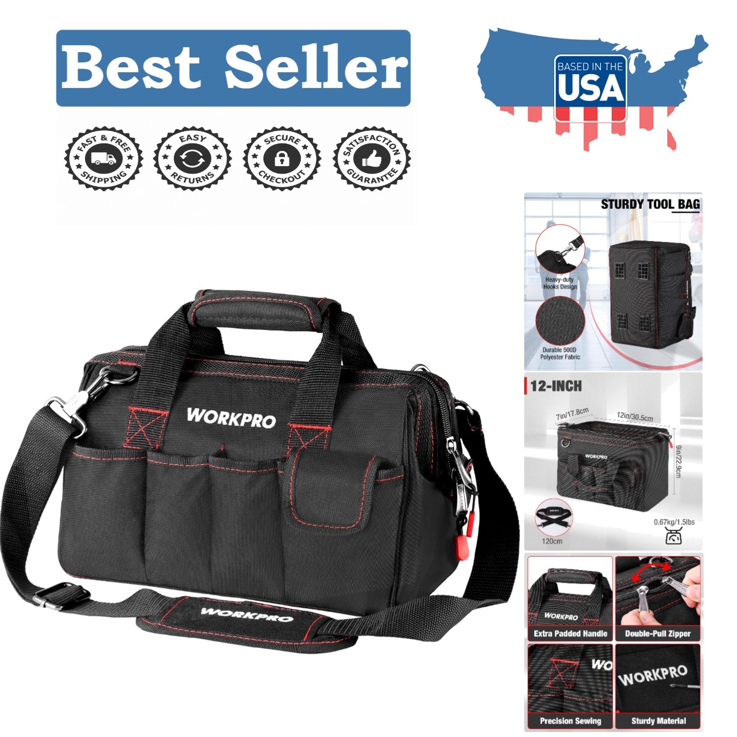 12-Inch Wide Mouth Tool Bag with 7 Pockets & Adjustable Strap – Durable Storage