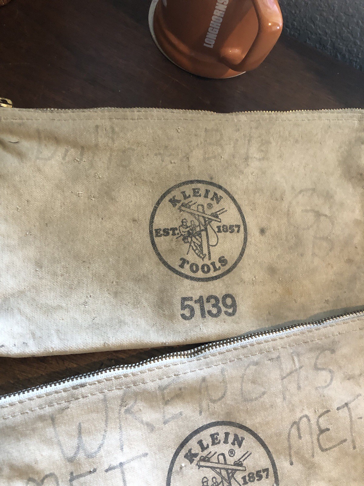 2 Vintage Klein Tools 5139 Small Canvas Zipper Tool Pouch Beige 11x7x2 inch USA
