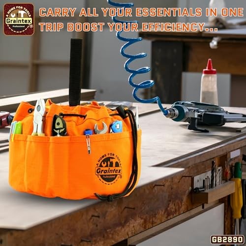 Durable Small Orange Tool Bag with Multiple Pockets and Drawstring Closure