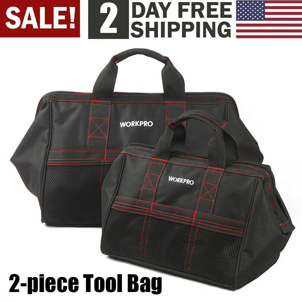 WORKPRO Heavy Duty Tool Bag Case 2PC 13″ 18″ Tote Storage Wide Mouth With Zipper
