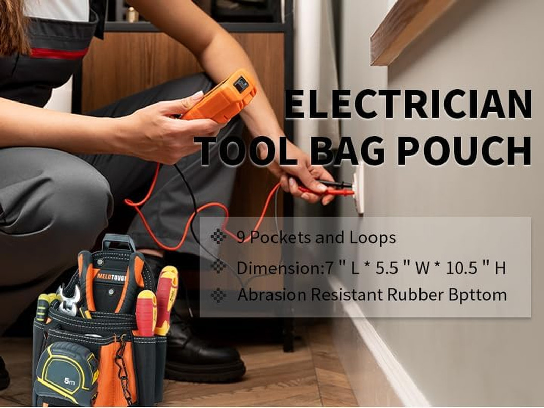 Small Electrician Tool Pouch With Belt Clip Attachment – 9 Pockets Tradesman Bag
