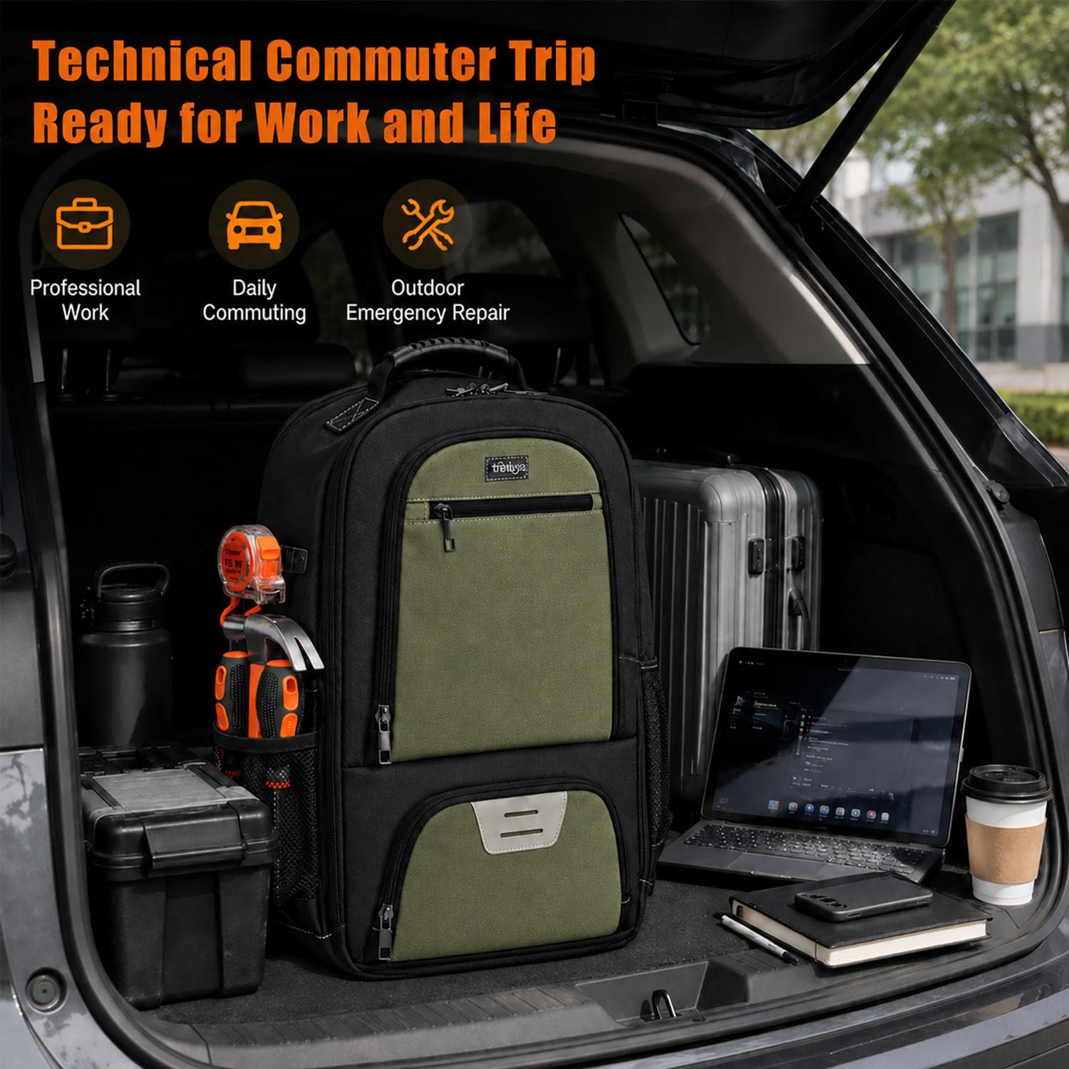 Trenluva Tool Backpack Heavy Duty with Laptop Sleeve, 1680D Water Green