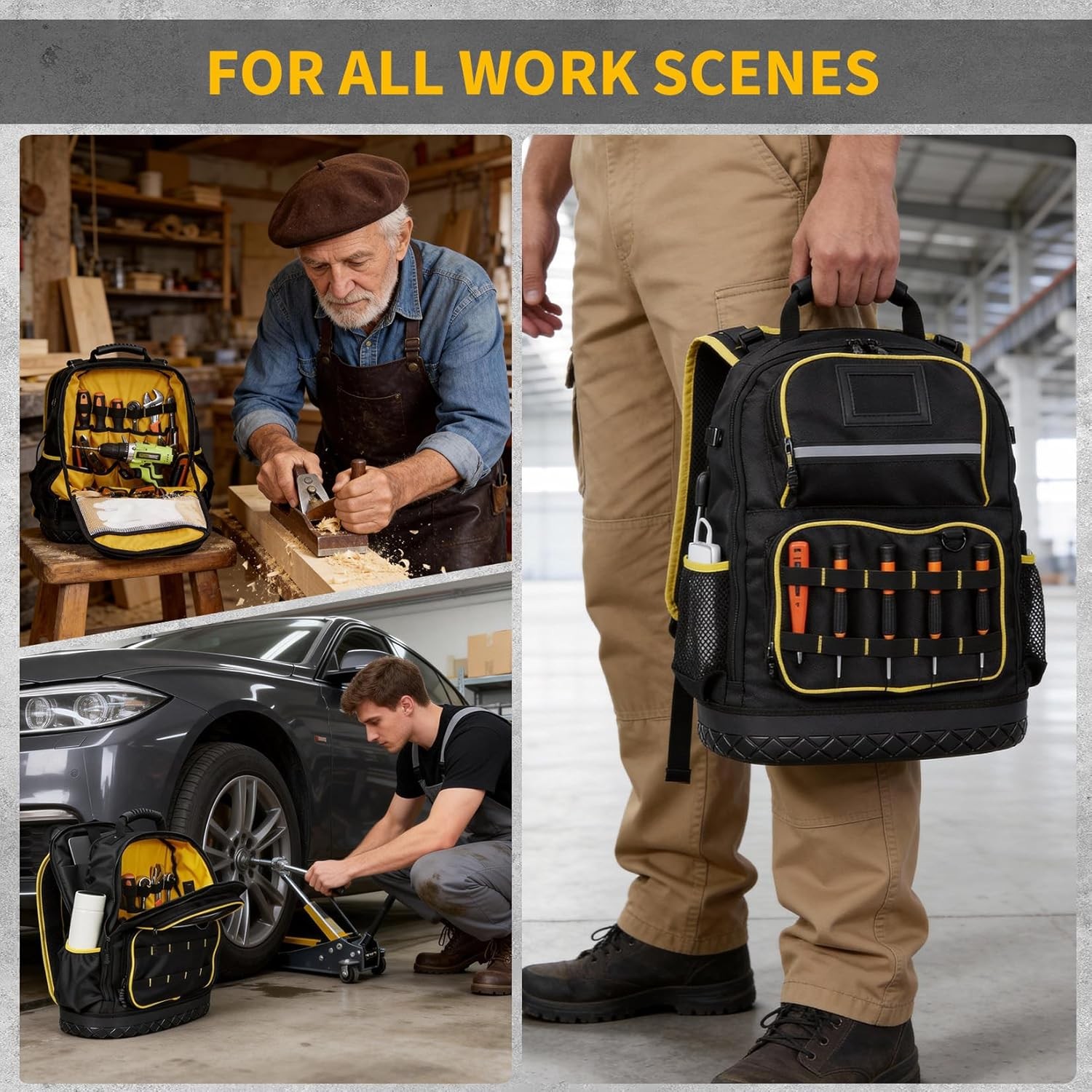 Tool Backpack 18-Inch Worker Oxford Fabric Bag w/ Multiple Pockets & Hard Bottom
