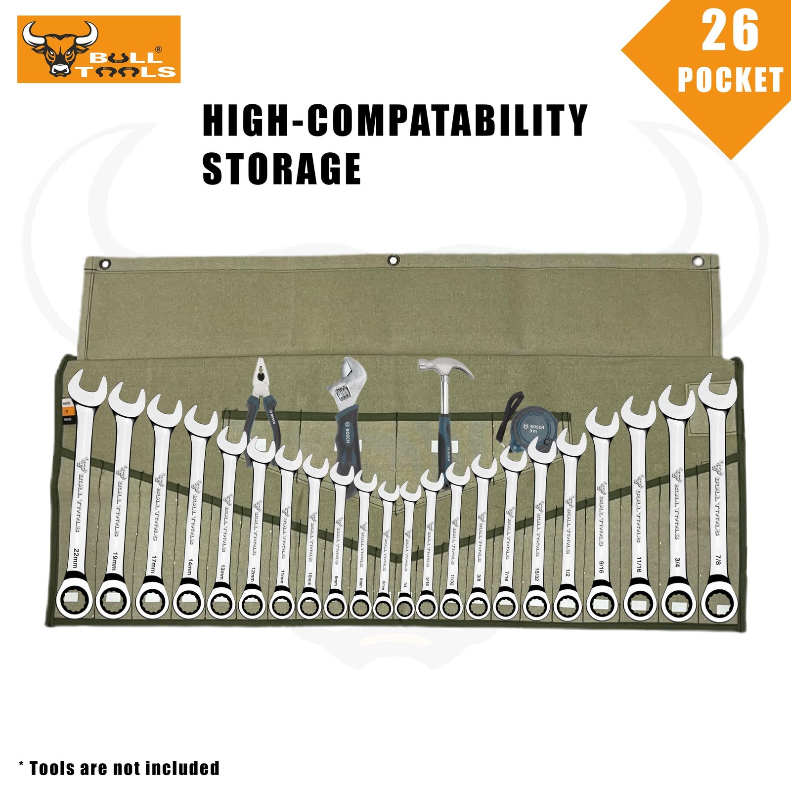 Wrench Roll, 26 Pocket Tool Pouch, Tool Bag Wrench Organizer Metric & SAE Com…