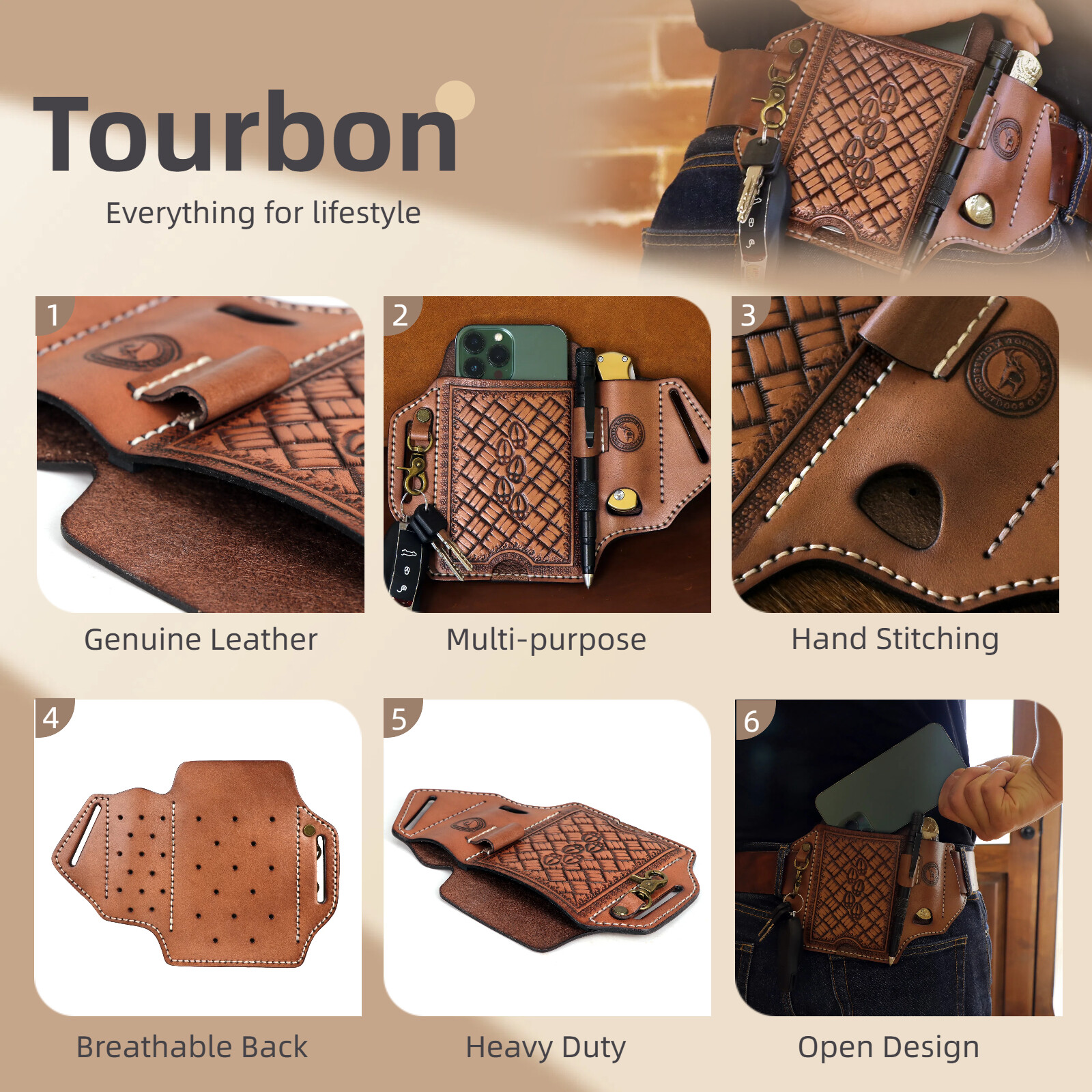 TOURBON Leather Cell Phone Case Pouch Holster Belt Knife Sheath Pen Holder Case