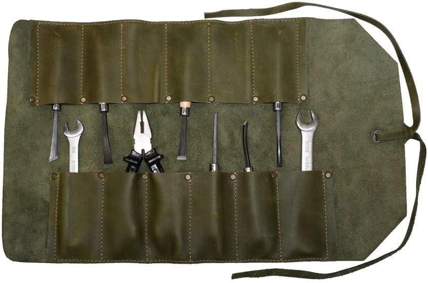 Durable Dark Jade Leather Tool Roll with 12 Slots for Craftsmen & Travelers
