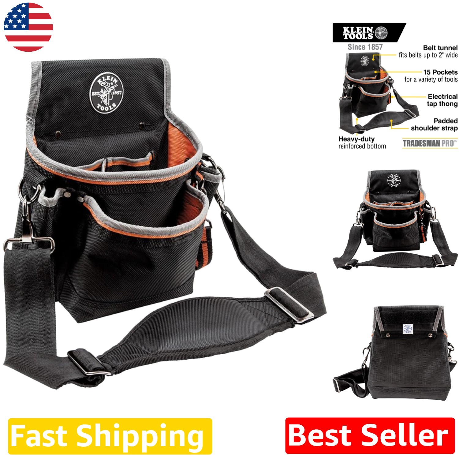 Professional Klein 5243 Tradesman Pro 15-Pocket Tool Pouch Black/Orange