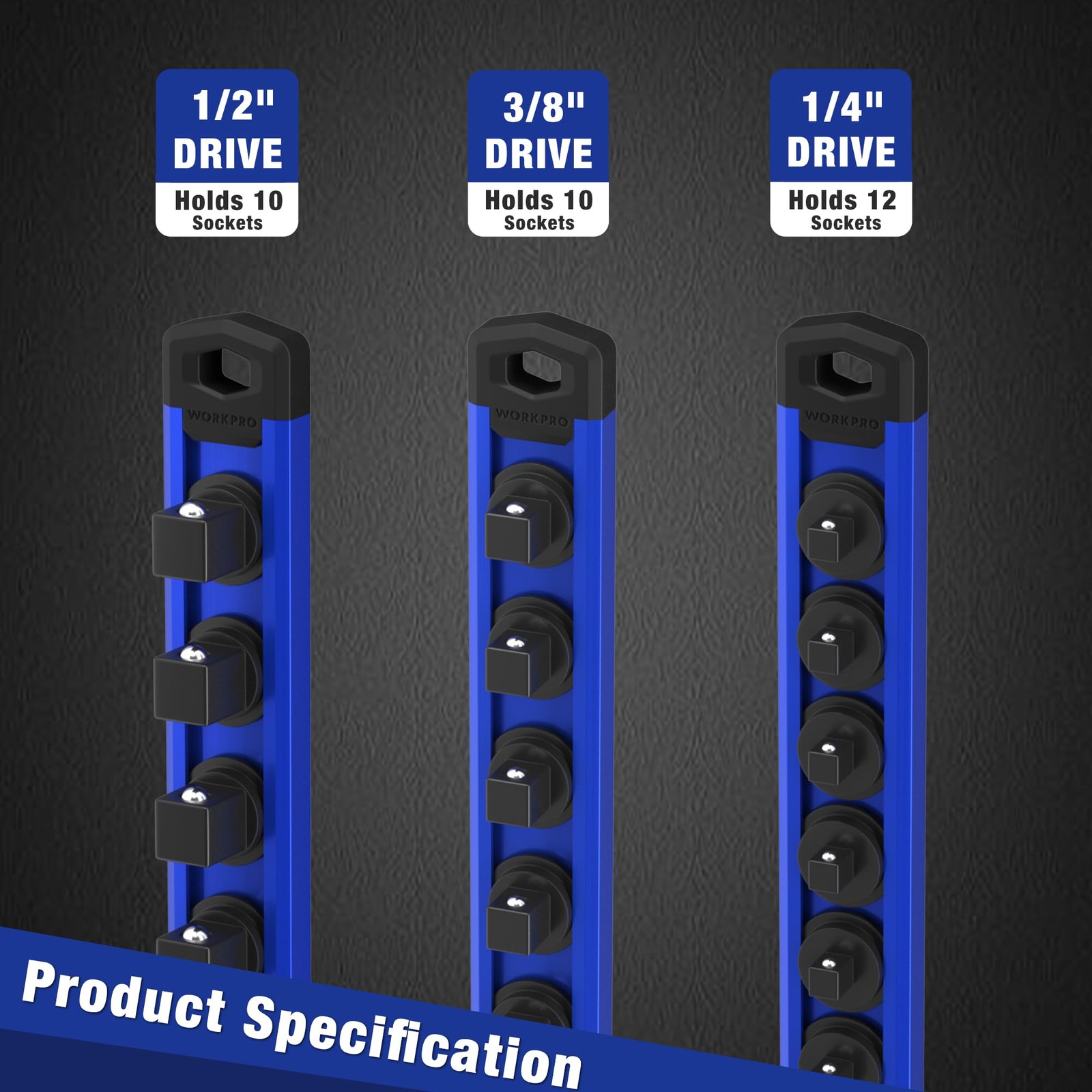 WORKPRO Magnetic Socket Organizer Set, 3 Pieces-1/4″, 3/8″, & 1/2″ DR, Blue