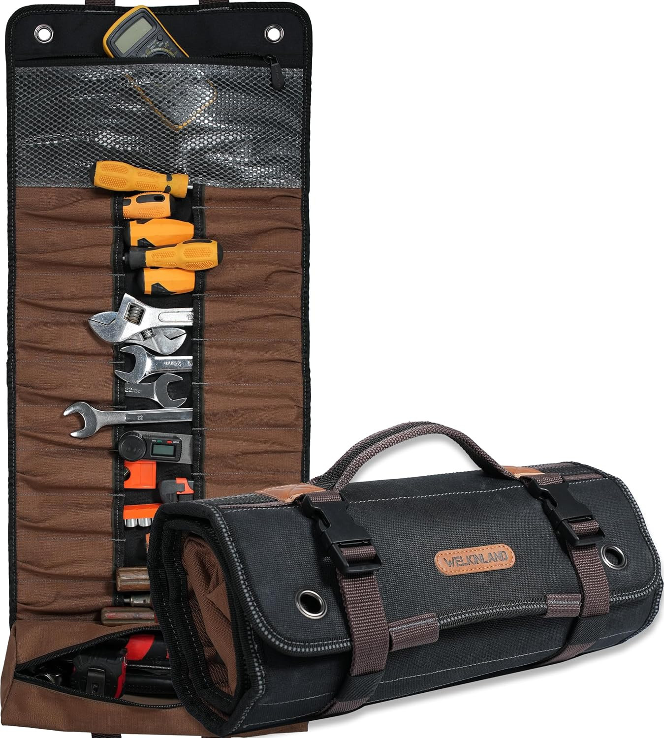 WELKINLAND 23-Pocket Canvas Tool Roll, Heavy-Duty Tool Wrap Roll, Waterproof Can