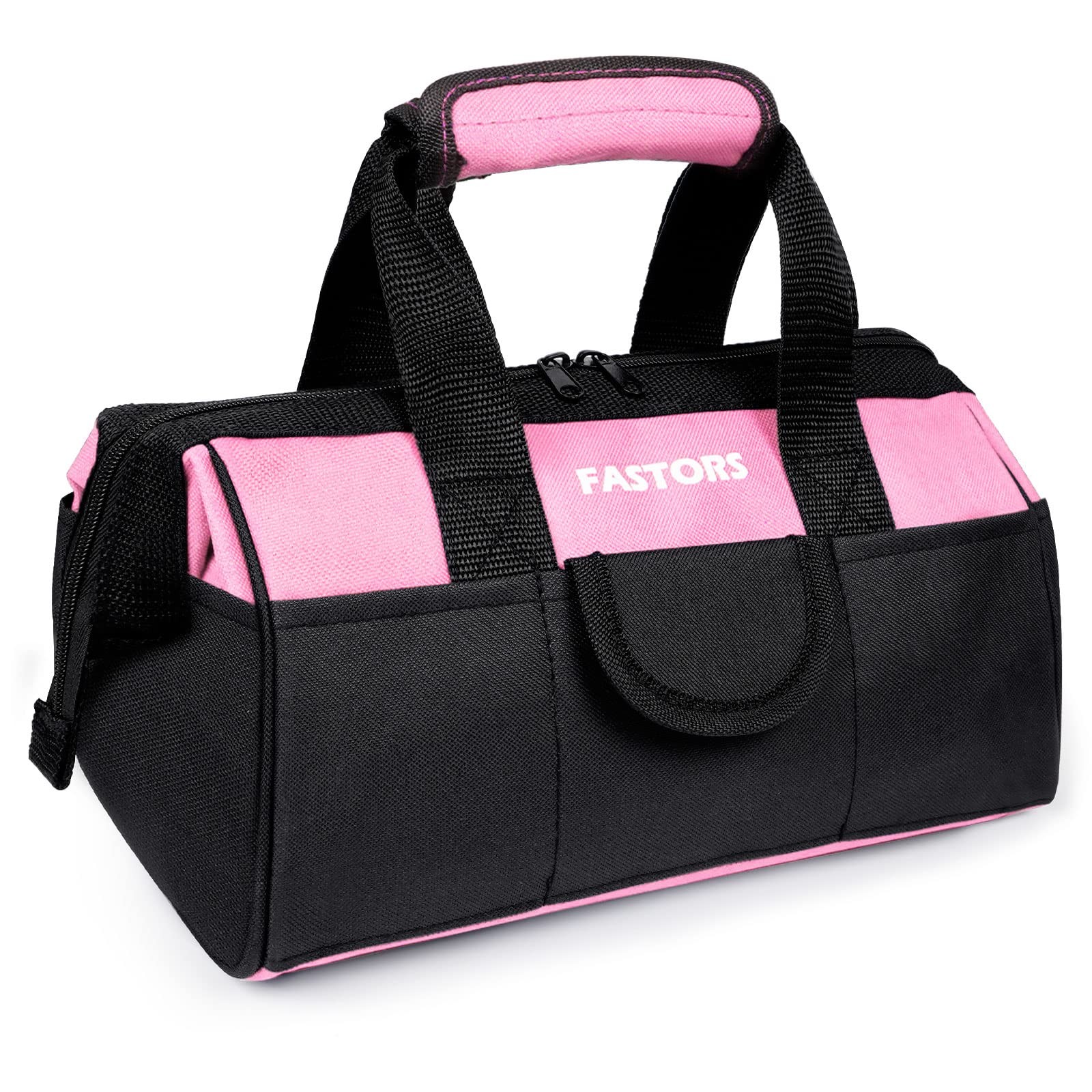 Pink 13 Inch Wide Mouth Double Zipper Tool Bag 8 Outside 2 Inside Pockets