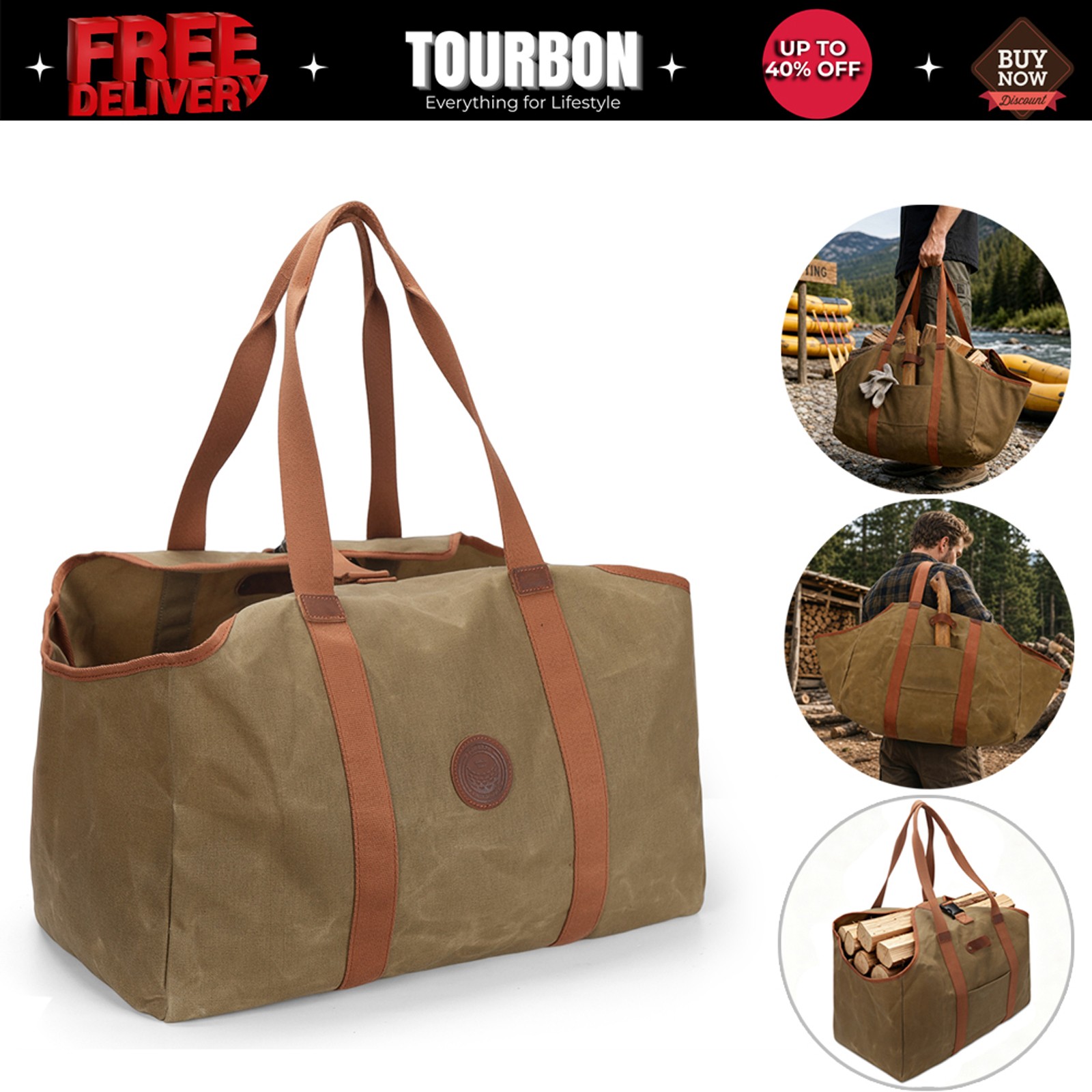 TOURBON Large Canvas Log Carrier Tote Tool Bag Camping Firewood Bag W/Axe Pocket