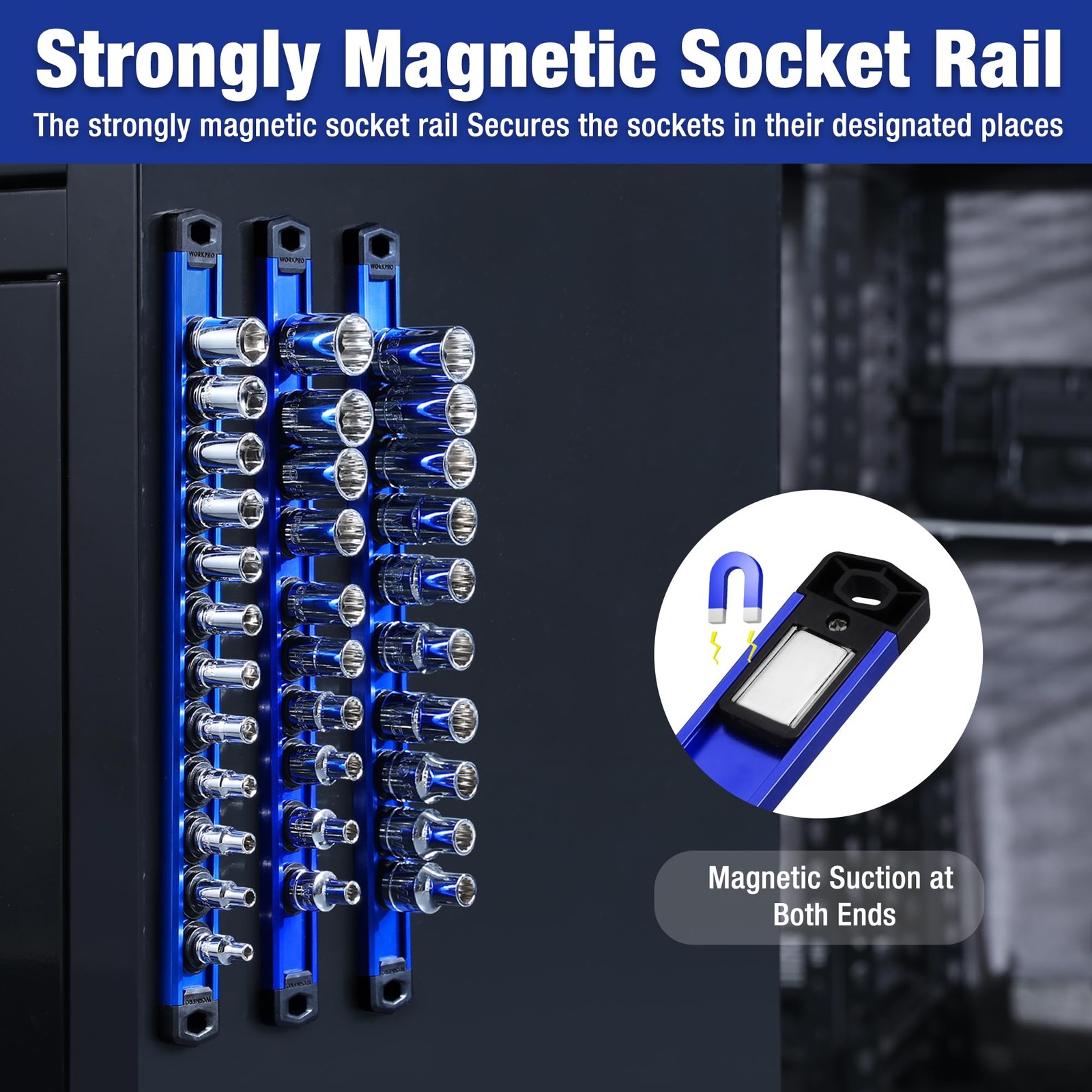 WORKPRO Magnetic Socket Organizer Set, 3 Pieces-1/4″, 3/8″, & 1/2″ DR, Blue