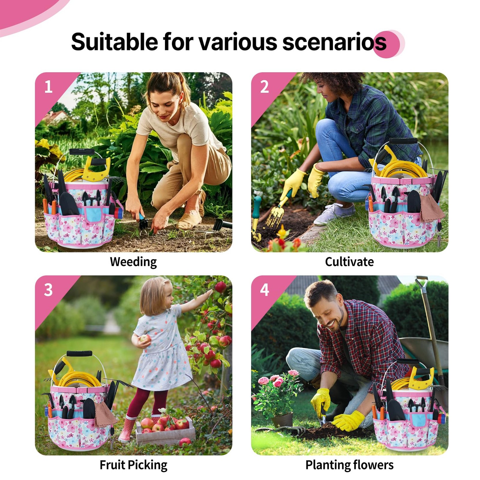 MELOTOUGH Bucket Caddy Organizer Tool for Garden Tools Fit 3.5 to 5 Gallon Pink
