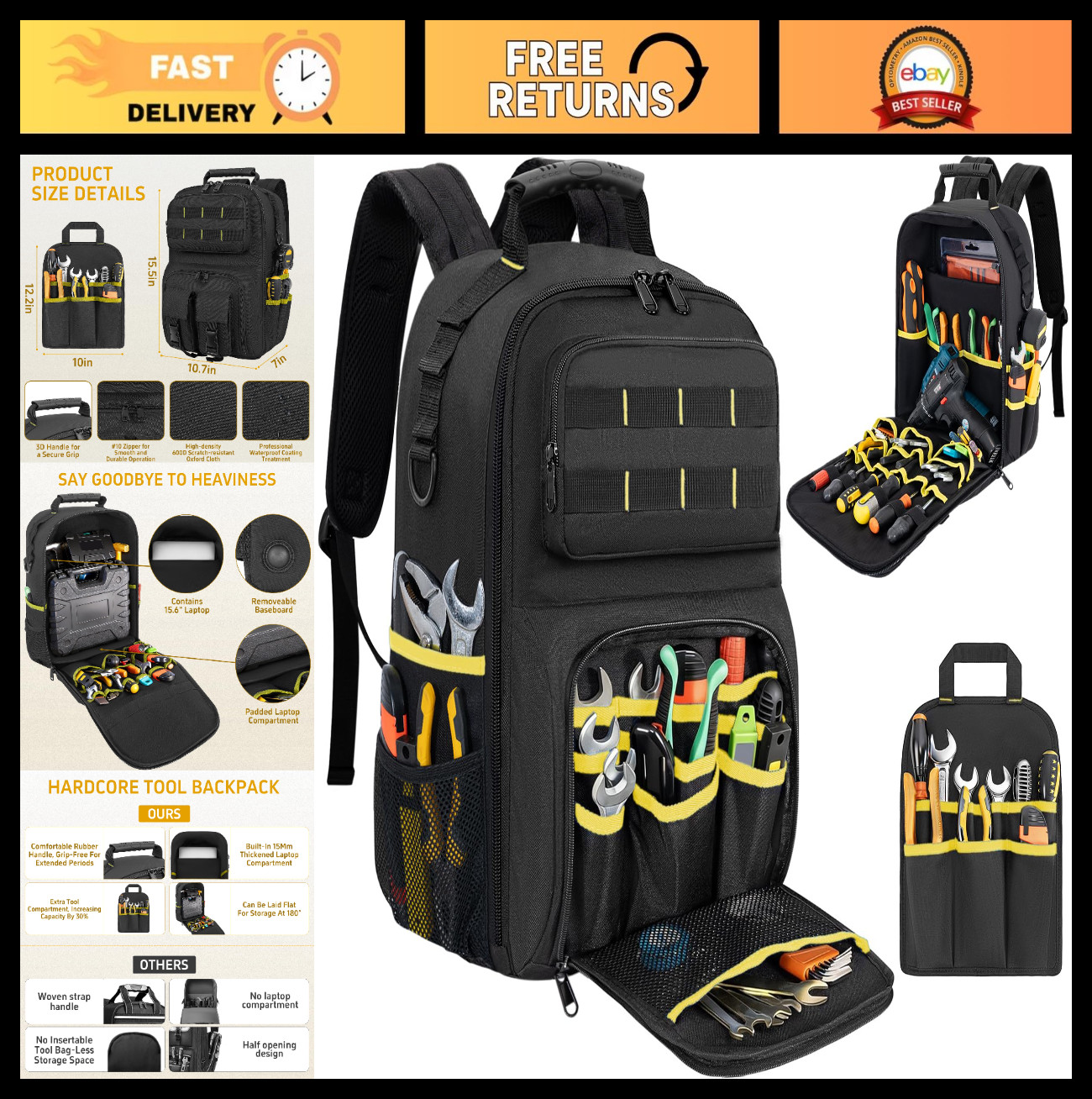 Heavy Duty Tool Backpack Bag with Movable Base Plate, Water Resistant Storage &