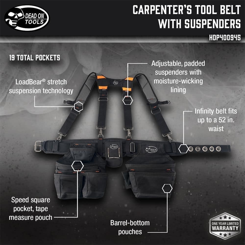 Dead On Tools Carpenter’s Tool Belt with LoadBear Suspenders – Black