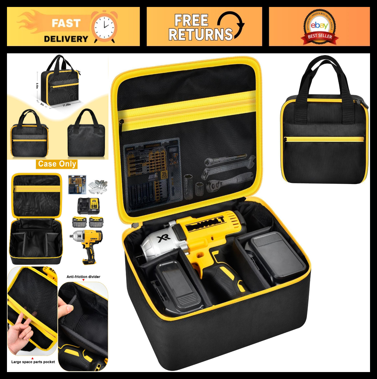 Impact Driver Bag Case for 20V MAX XR Cordless Wrench Kit – Yellow Zipper Holder