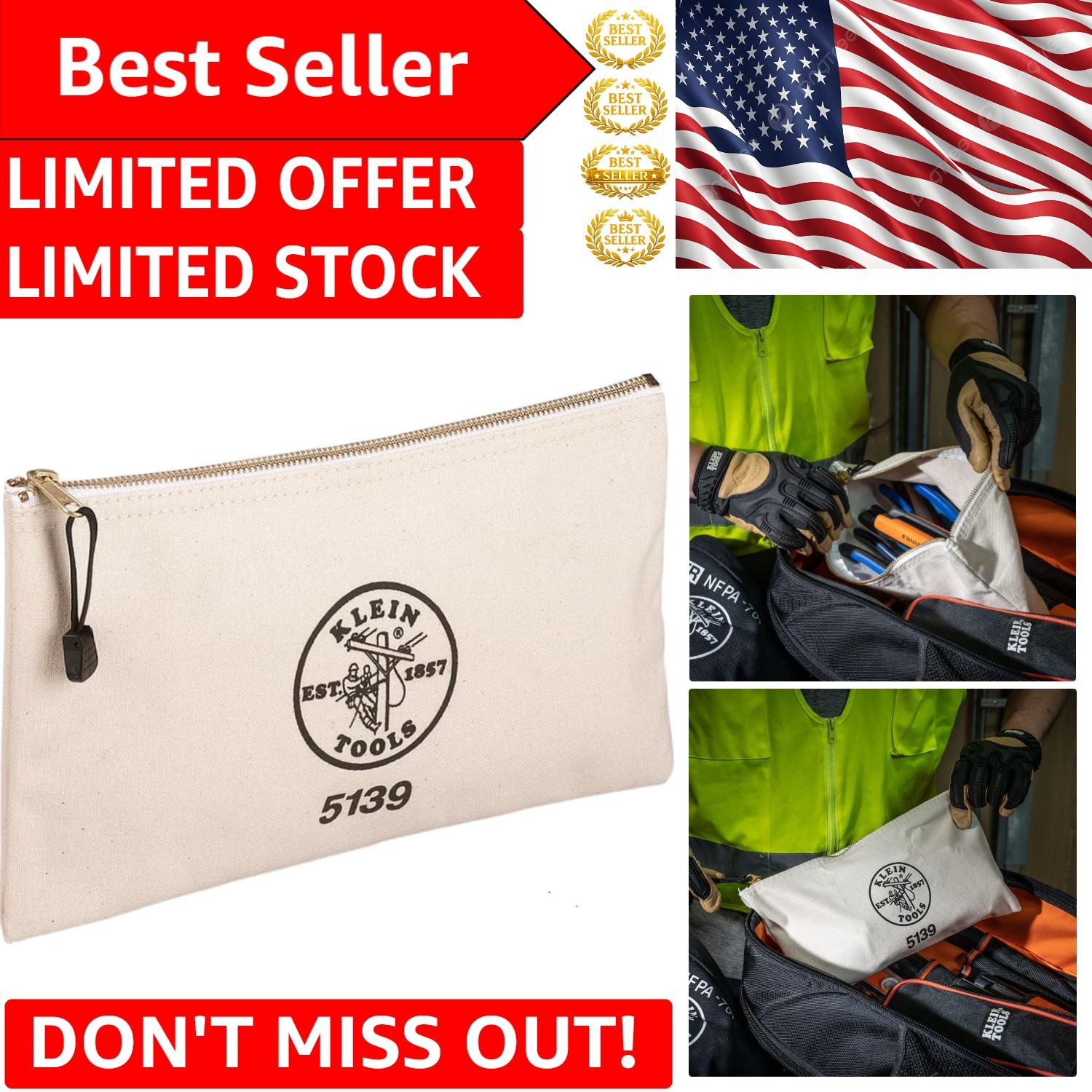 Klein Tools Zipper Bag – Durable Canvas Tool Pouch with Brass Zipper, 12.5”