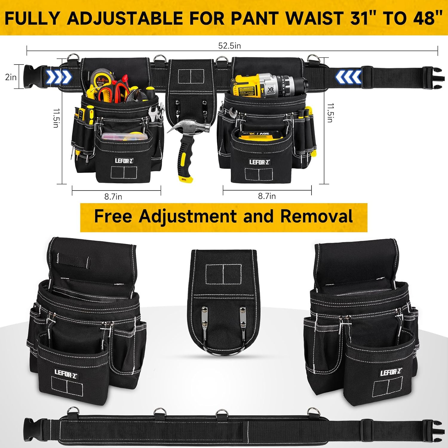 Tool Belt with 4 D-Rings,27-Pockets Tool Belts for Men,Construction | Heavy Duty