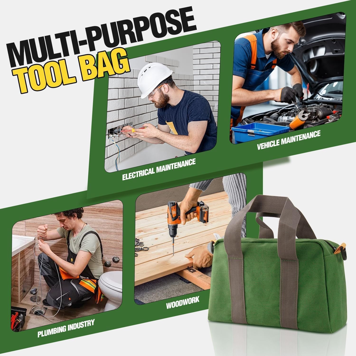 Small Tool Bag, Canvas Tool Storage Bag, Large Capacity Multipurpose Zipper