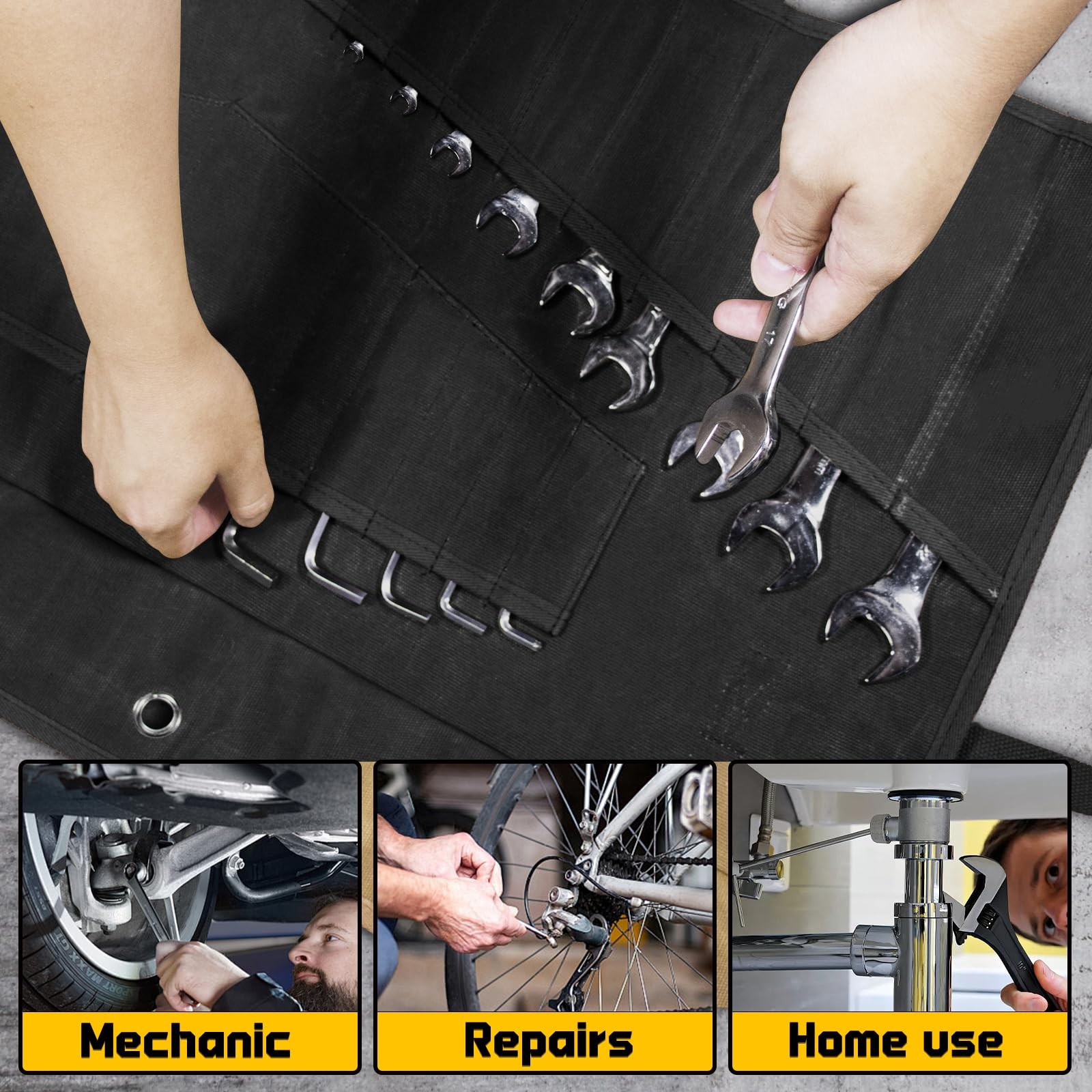 Wrench Roll 32 Pockets, Heavy-Duty 16 oz. Waxed Canvas Up Black