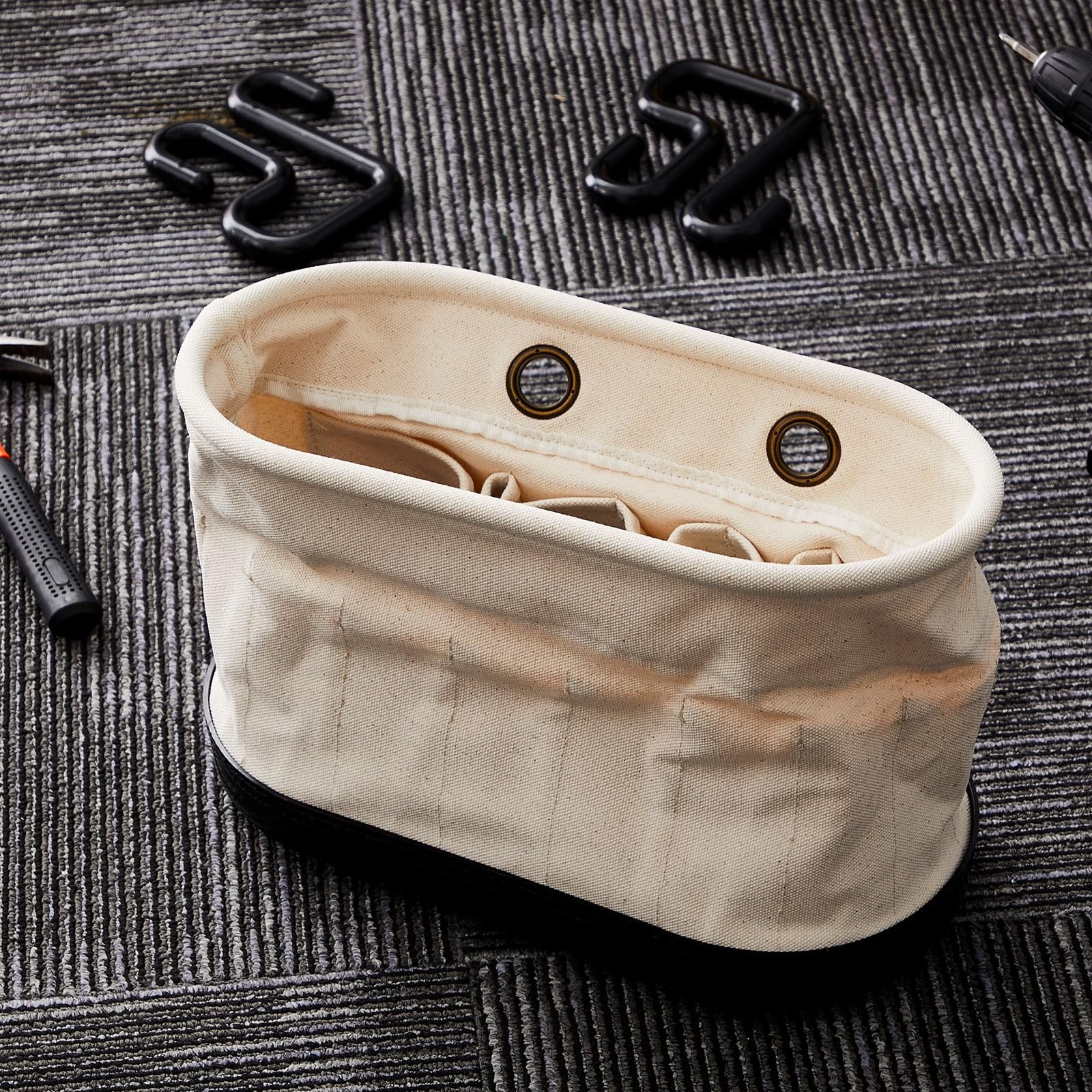Stylish 2 Set Canvas Bucket Bag with Hooks & 15 Tool Pockets – White