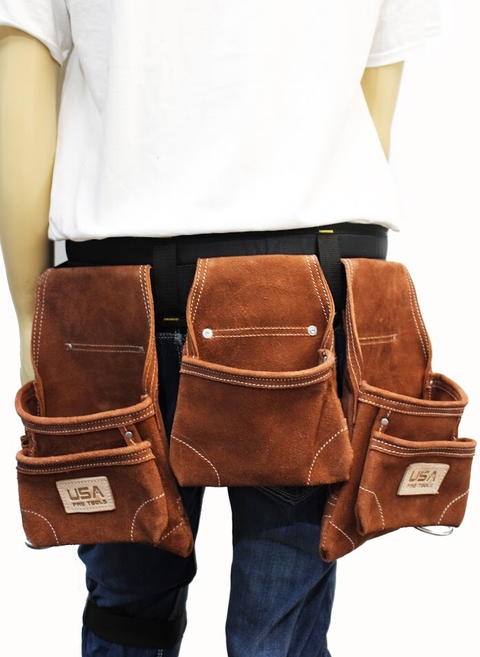 Suede Leather Tool Apron Carpenter Rig Movable Waist Pouch with Heavy Duty Belt.