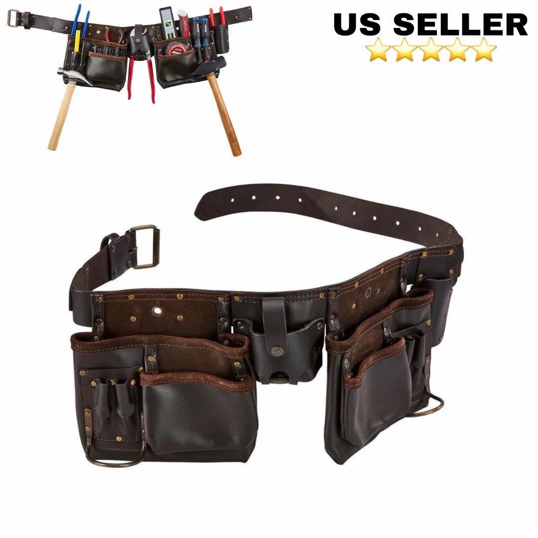 Oil-Tanned Leather Tool Belt Heavy Duty Multi Pocket 2 Hammer Loops Riveted