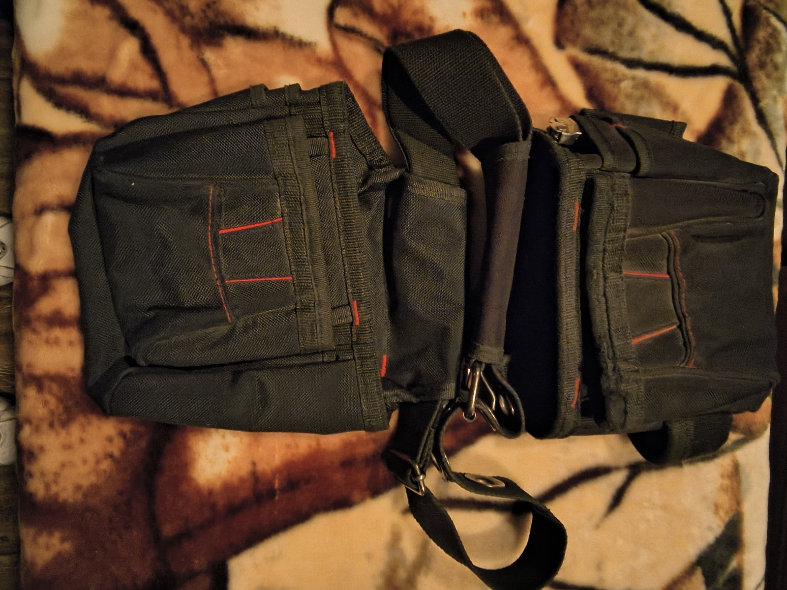 Black Fabric Tool Belt Pouch with Adjustable Strap and Red Stitching