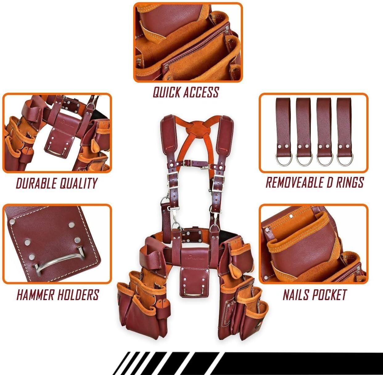 Leather Tool Belt Pouch Bag with suspenders for Construction Carpenter Handyman