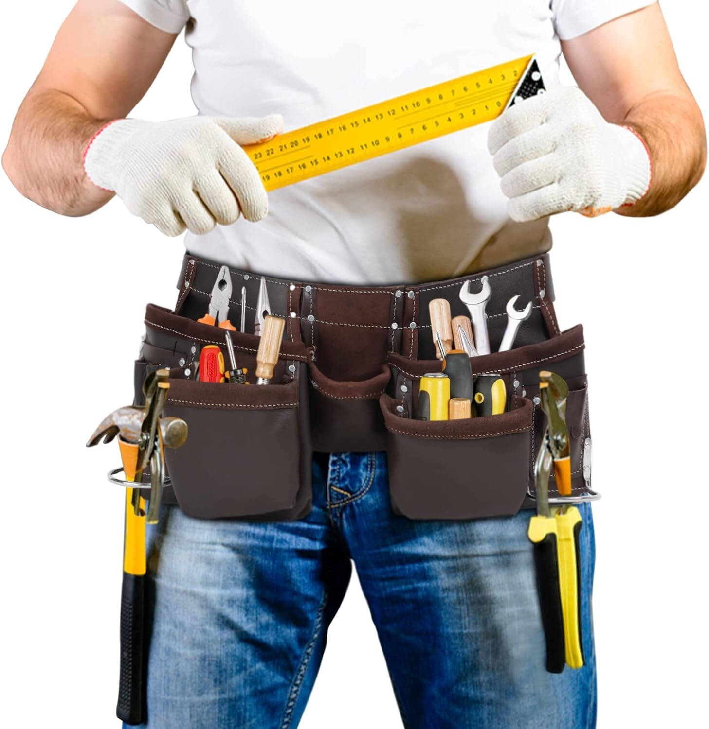 Leather Tool Belt 12-Pocket for Construction & Electrical Work Oil-Tanned