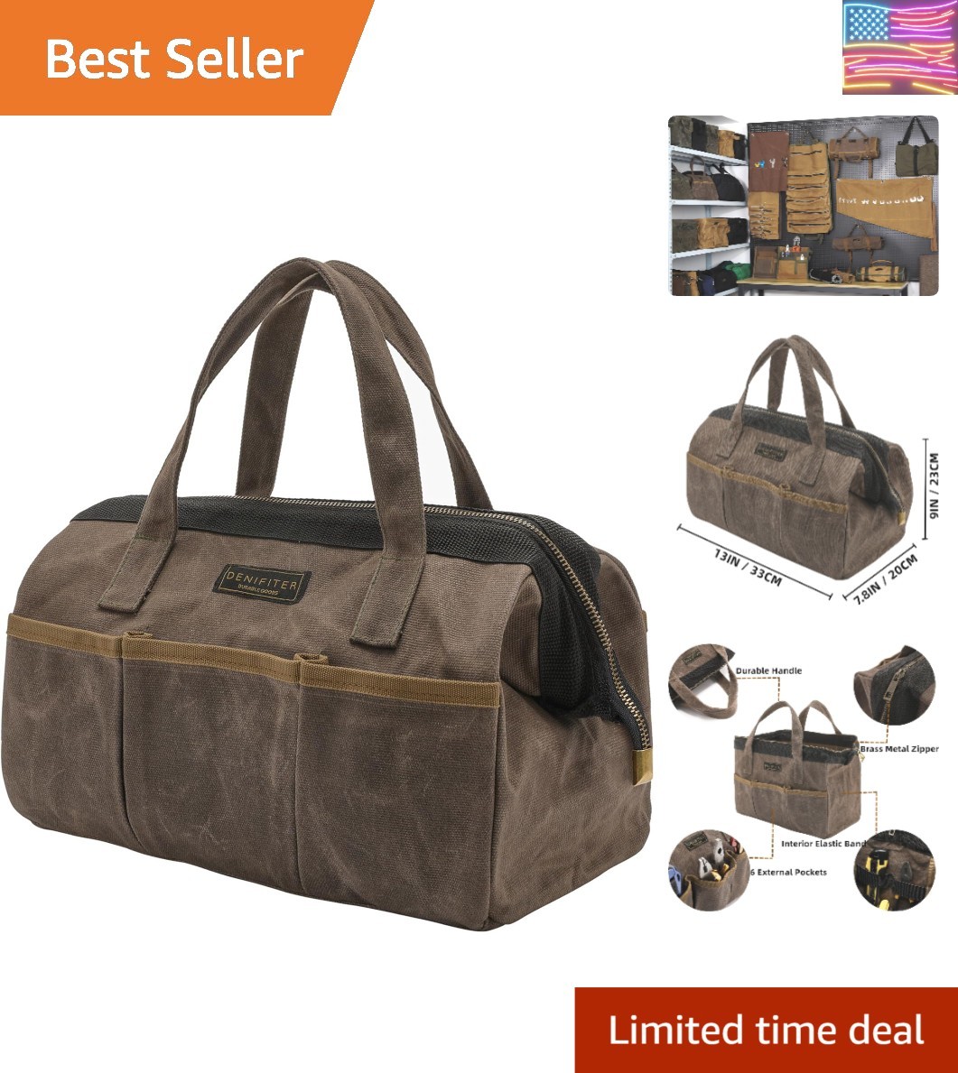 Tool Bag 13in Heavy Duty 16oz Waxed Canvas, Wide Mouth Water-Resistant