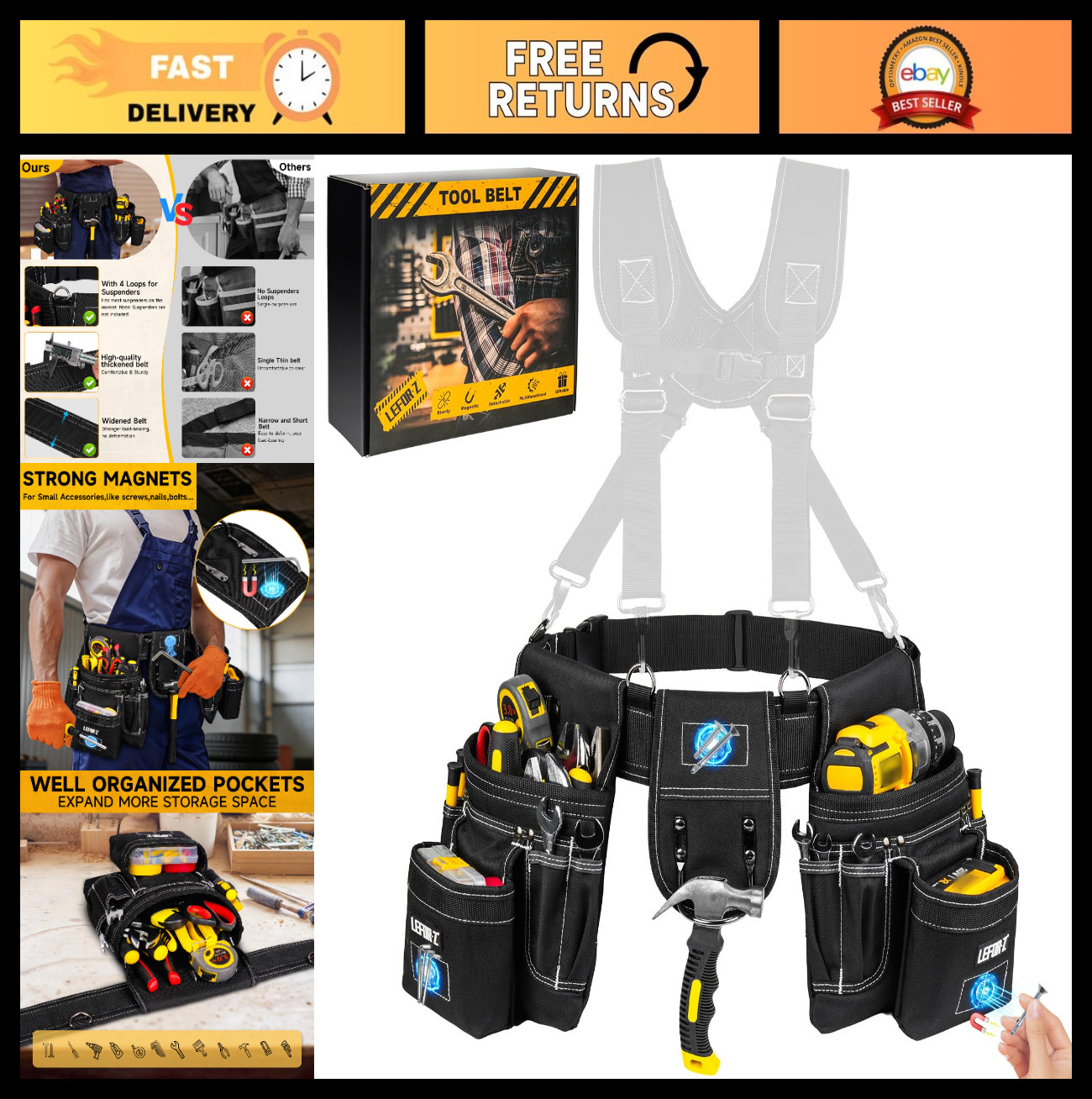 Heavy Duty Tool Belt with 4 D-Rings, 27 Pockets, Magnetic Pouch, Adjustable Util