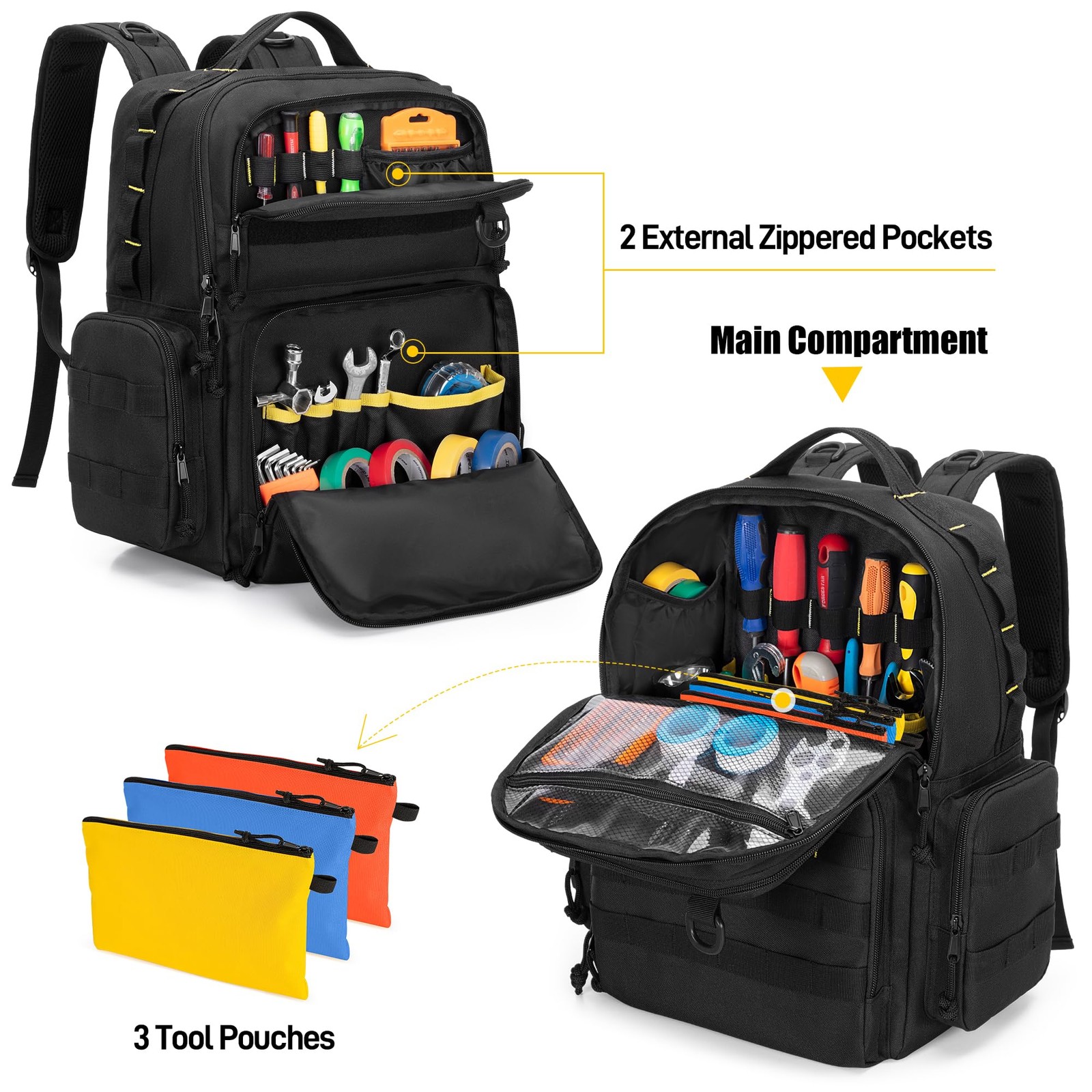 Rexmica Heavy-Duty Tool Bag Backpack with 3 Tool Pouches, Black