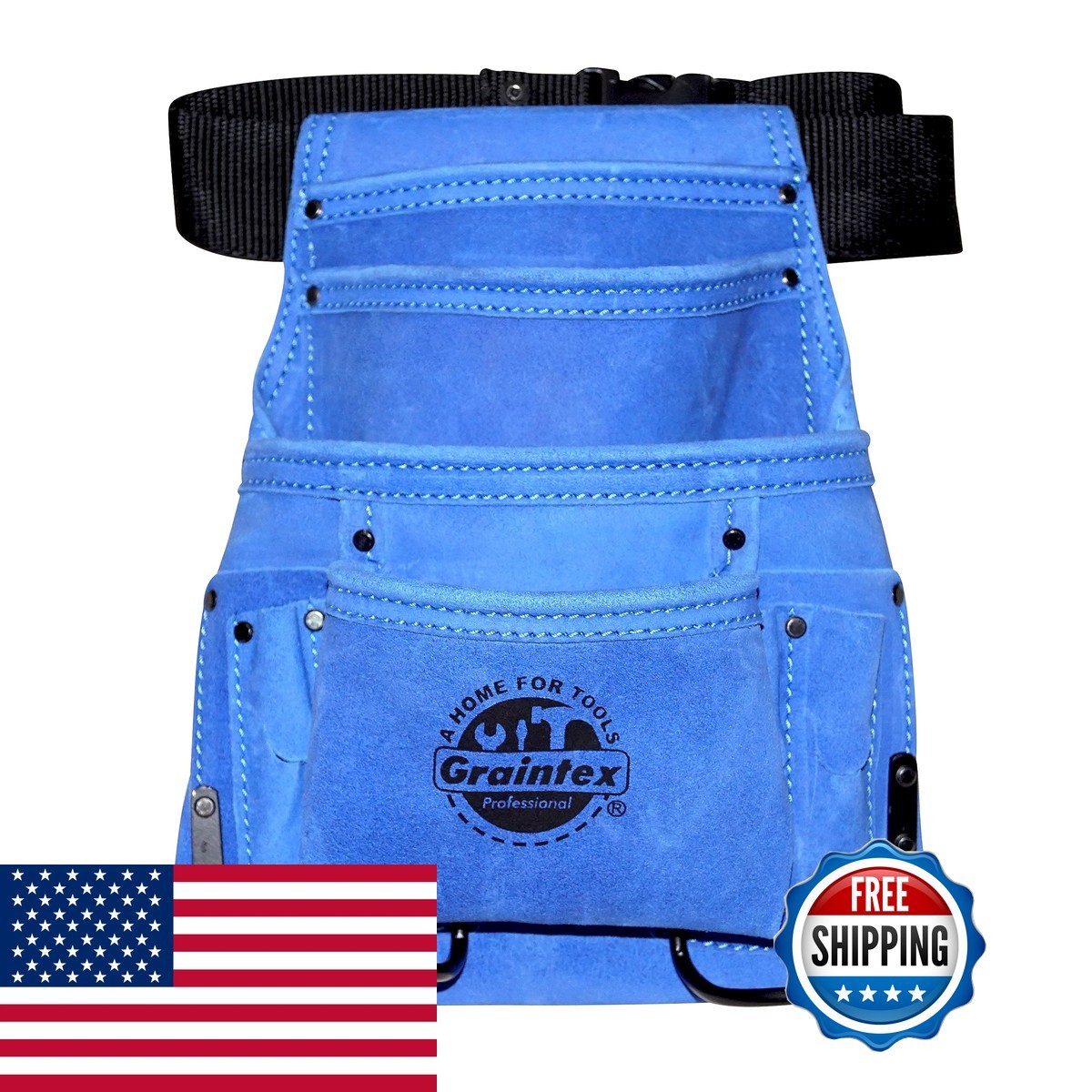 GRAINTEX SS2132 10 Pocket Nail & Tool Pouch Blue Color Suede Leather 2 Webbing