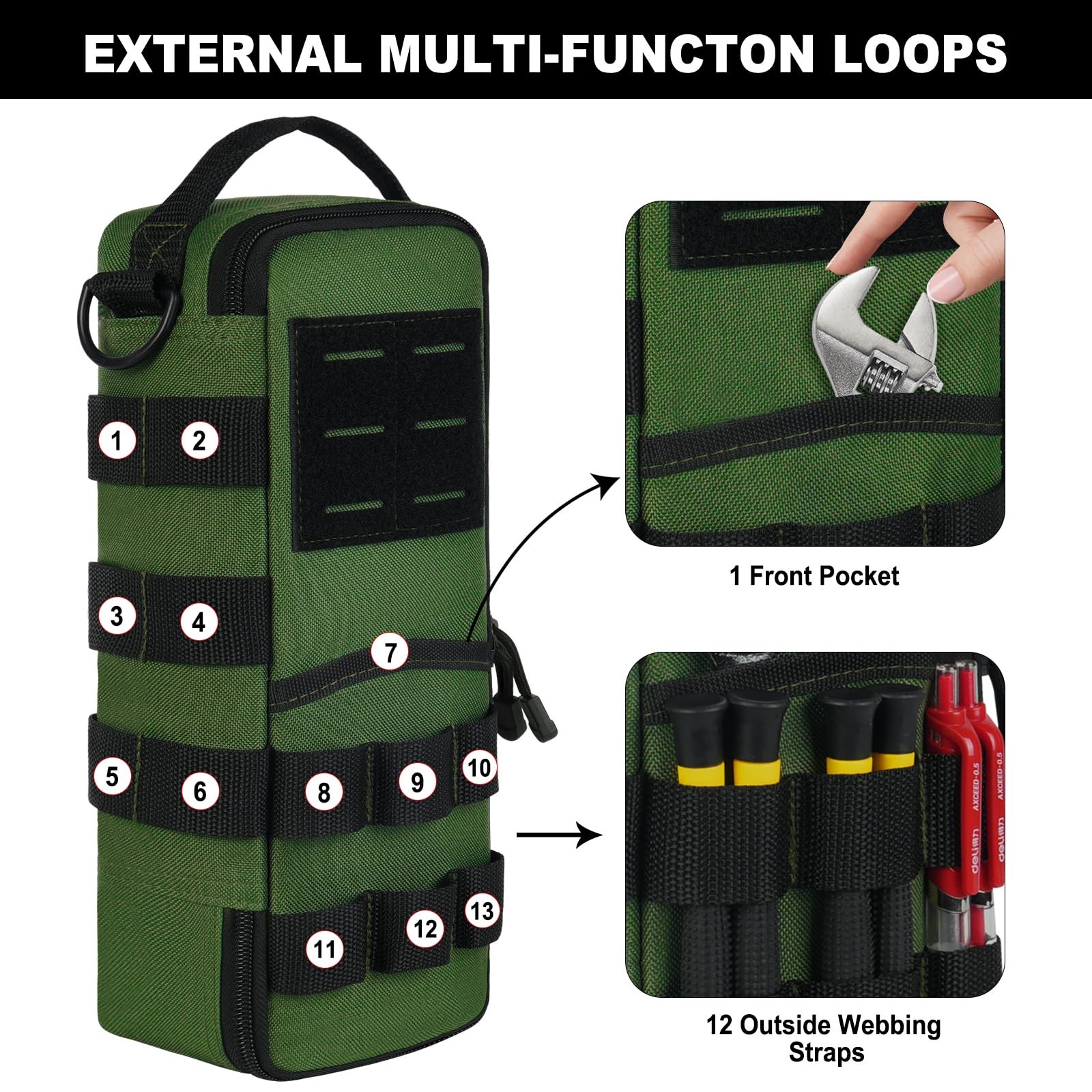 Heavy Duty Small Tool Bags for Men 12.2 x 5 x 4 inches, Black + Army Green