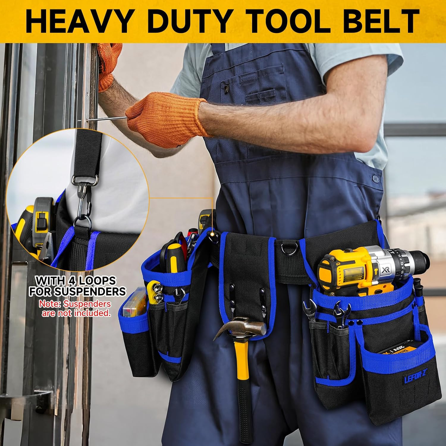 Tool Belt with 4 D-Rings,27-Pockets Tool Belts for Men,Construction | Heavy Duty