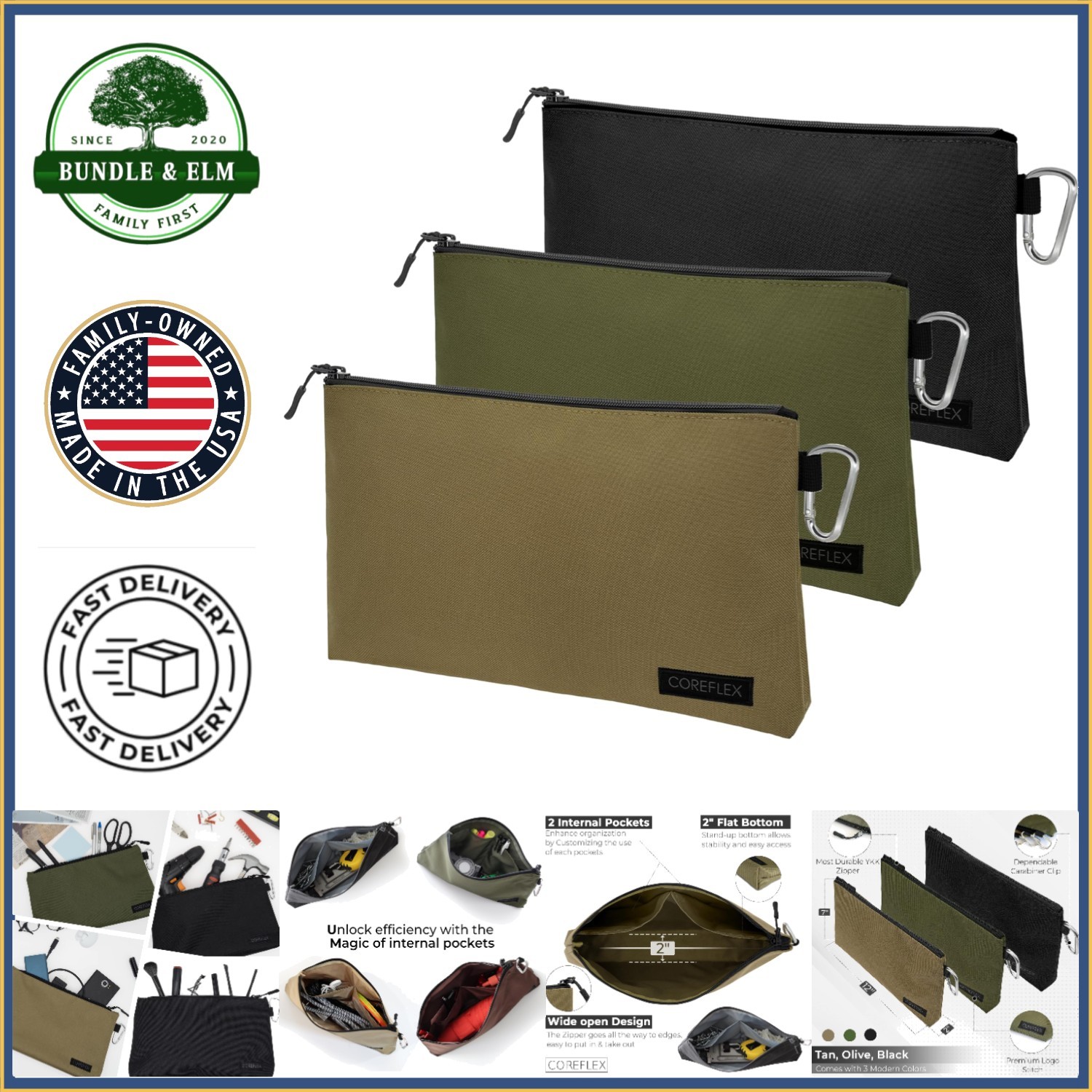 Compact Tool Bag Set, 12-Inch Zippered Pouches for Tools and Everyday Items