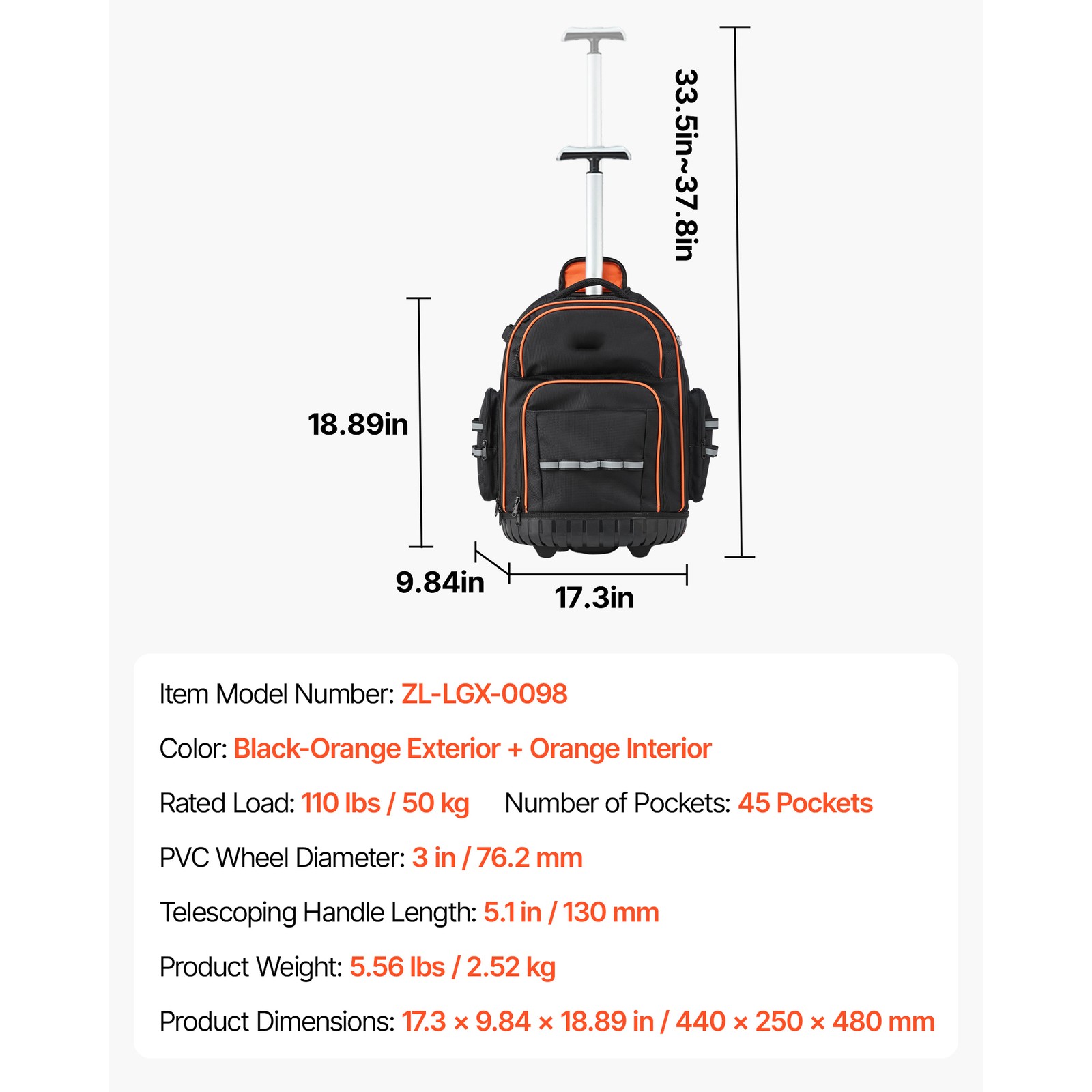 Uimoso Rolling Tool Backpack with 45 Pockets and Durable Wheels for Heavy Tools