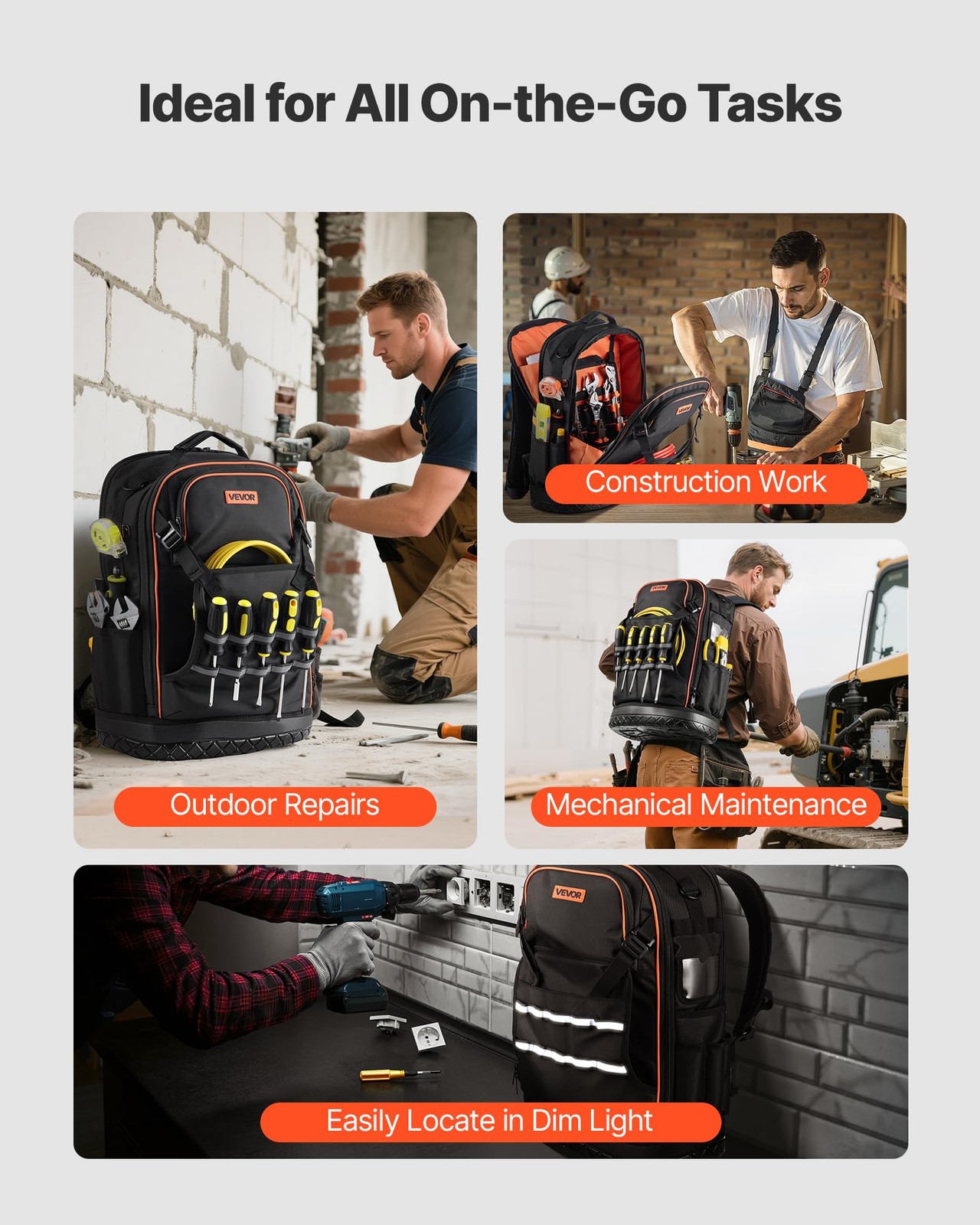 VEVOR Tool Backpack with Tools, 65 Pockets, Heavy-duty 65 Black
