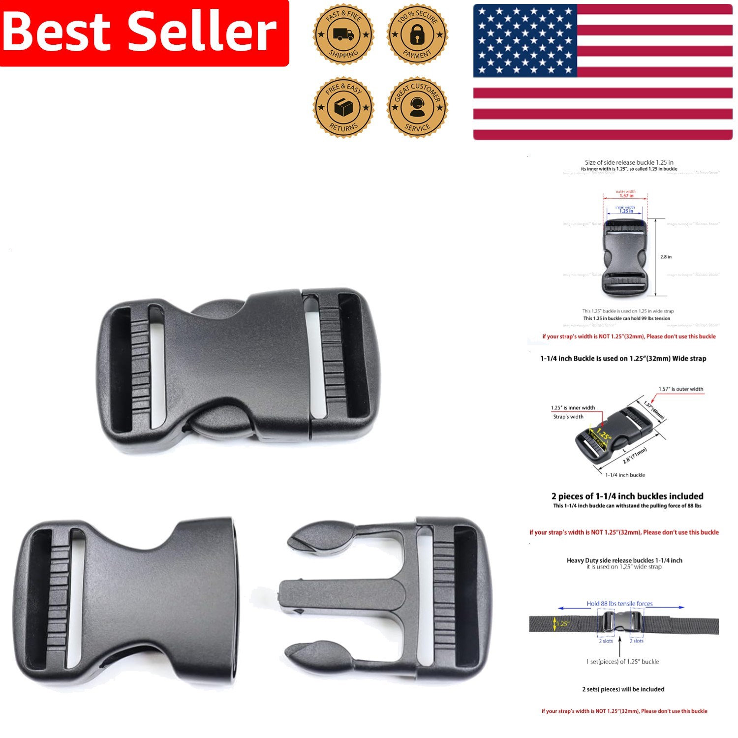 Heavy Duty 1-1/4 Inch Plastic Side Release Buckles 2 Sets Black Webbing Strap