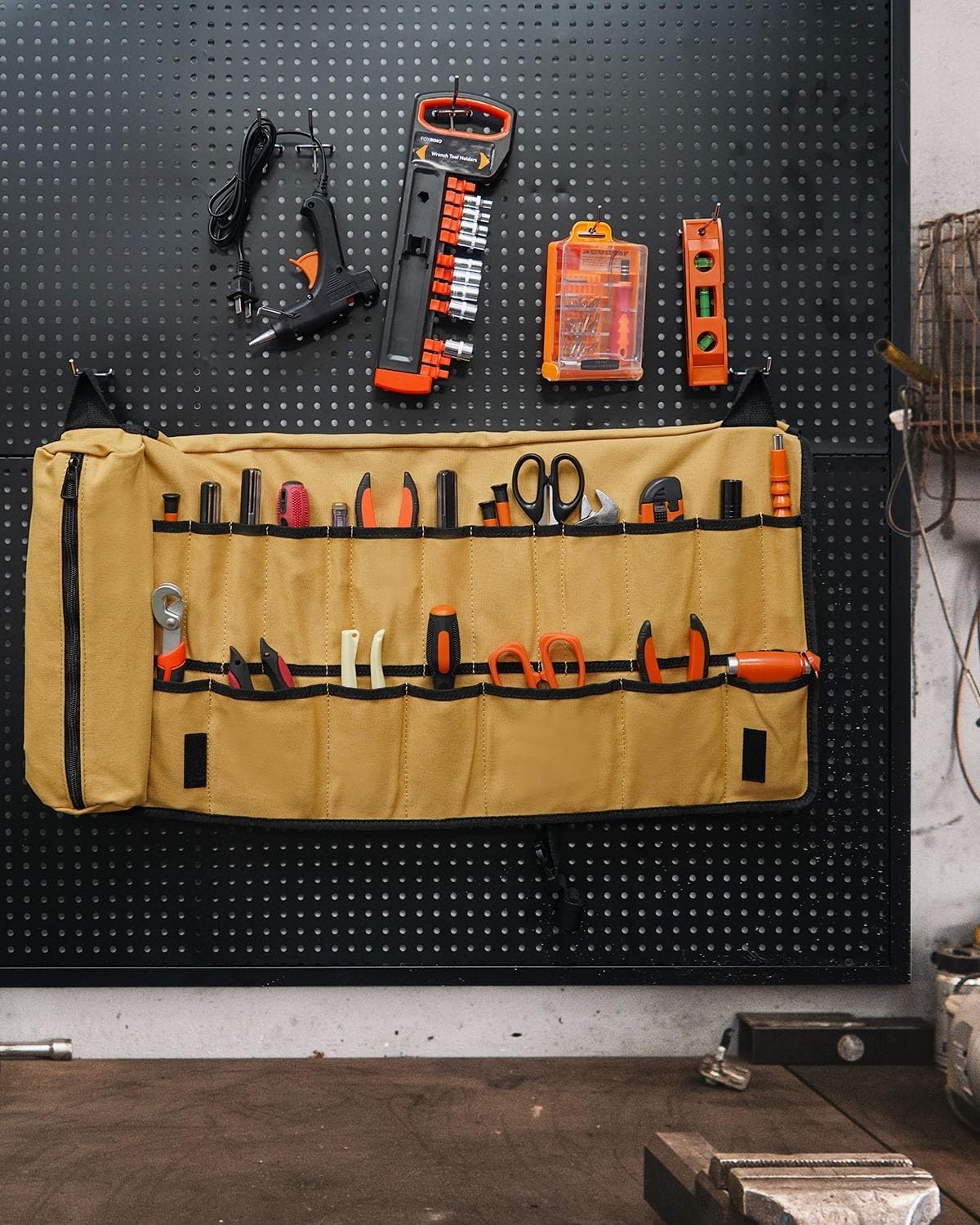 Heavy Duty Tool Roll Bag 20+ Pockets Organizer Brown Roll-Up Tool Pouch