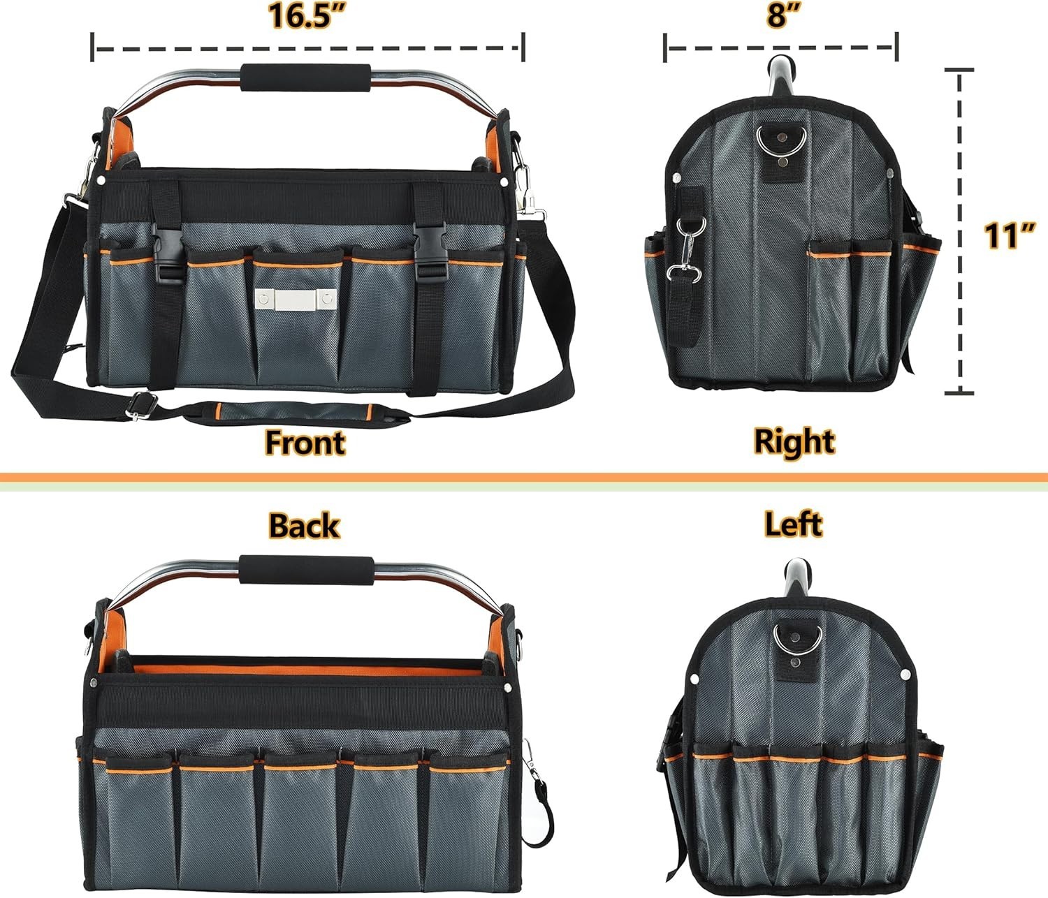 16 Inch Open Top Tool Bag, Foldable 29 Pockets Tool Tote Bag with Handle & Padde