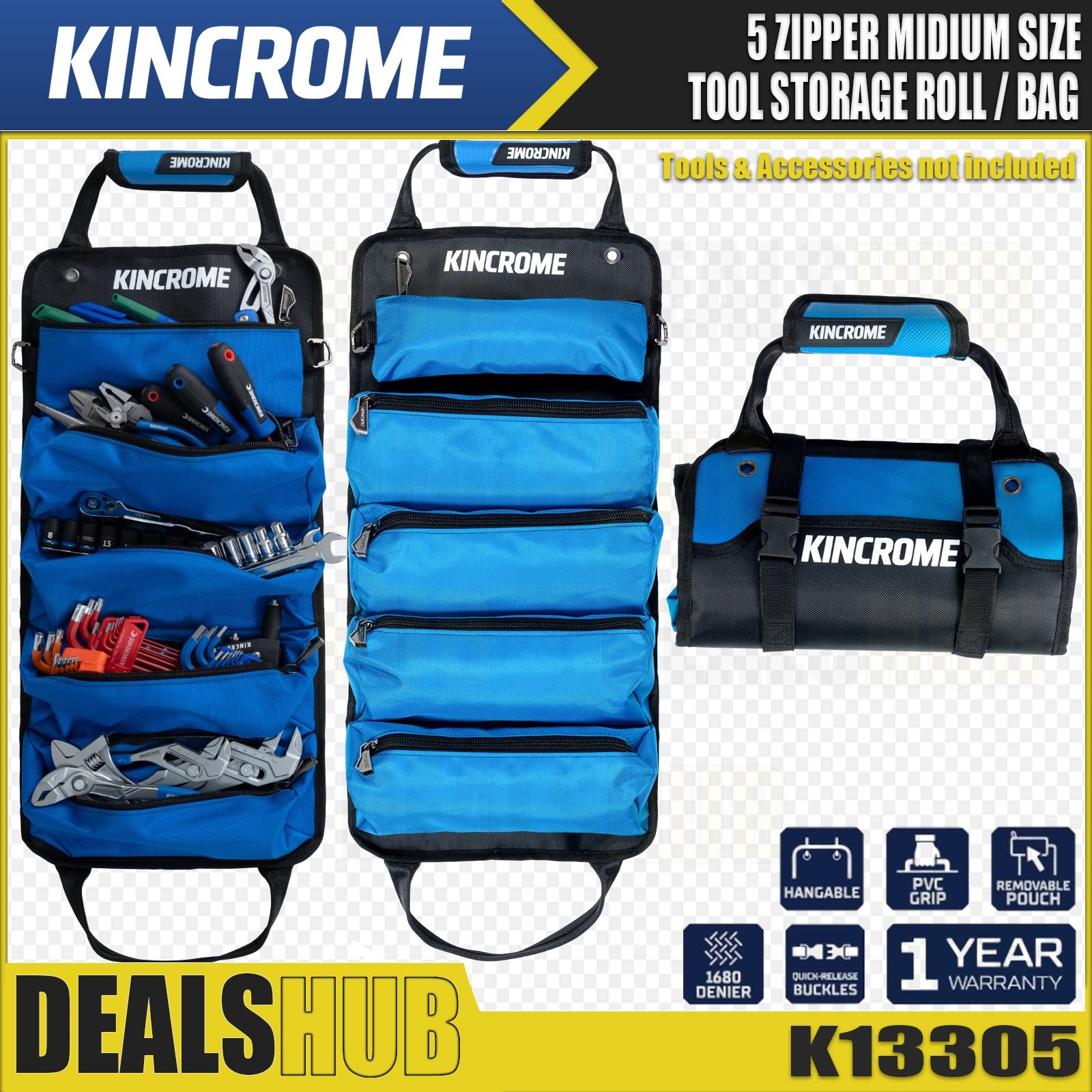 Kincrome Medium Tool Roll 5 Zipper Pouches Heavy-duty Durable Polyester K13305