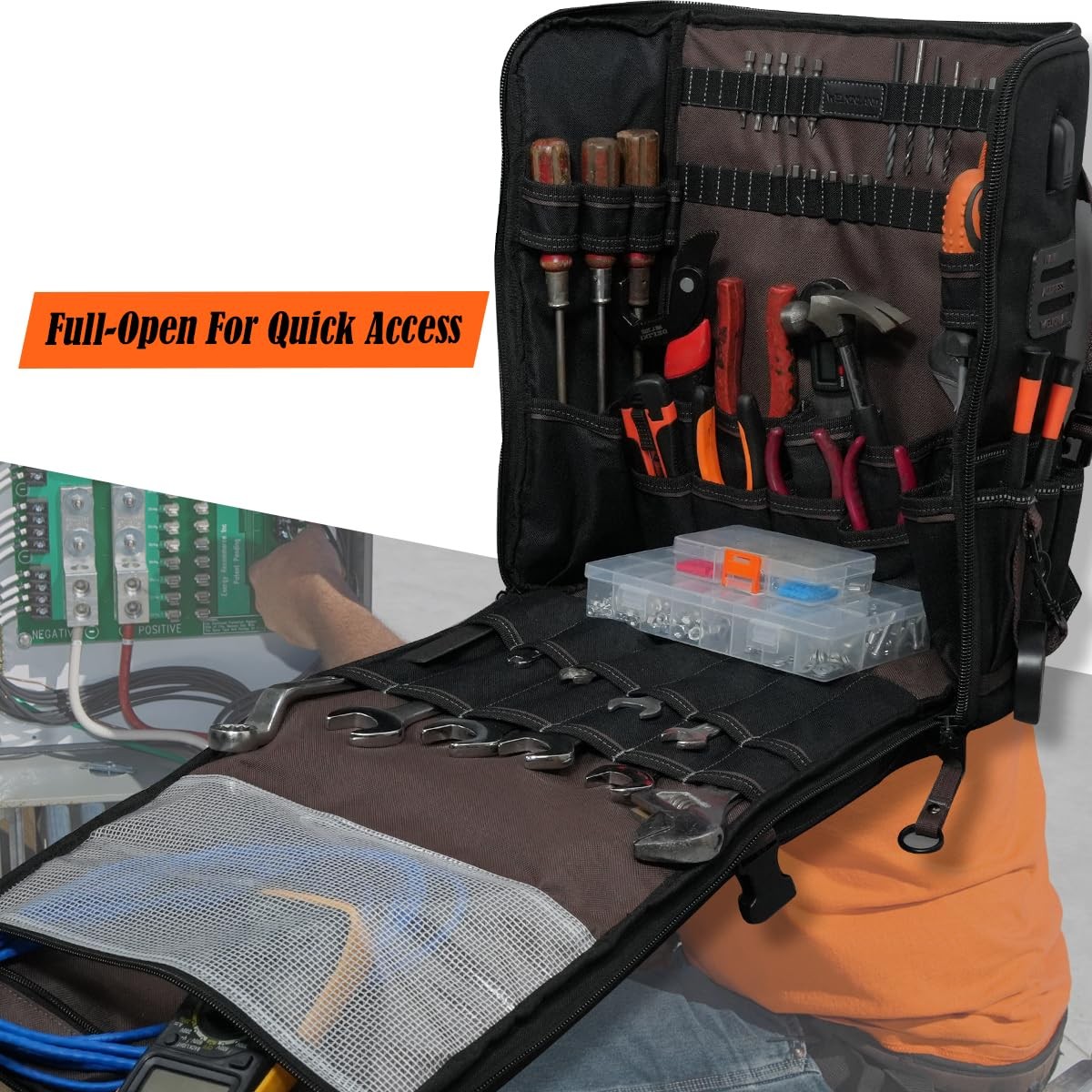 WELKINLAND 46-Pockets Electrician Backpack, Full-Open Tool Brown & Black