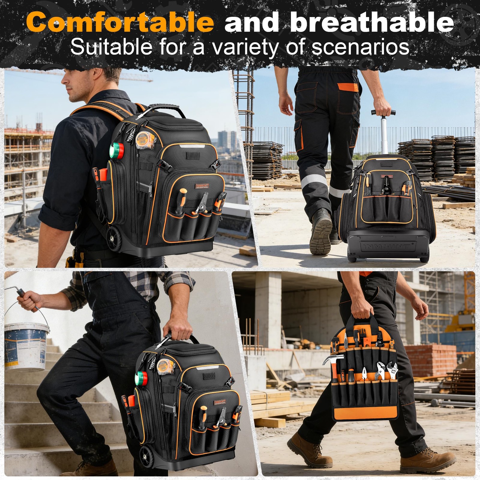 Rolling Tool Backpack Bag with Wheels, Heavy Duty Tool Bag on Wheels for Men,…