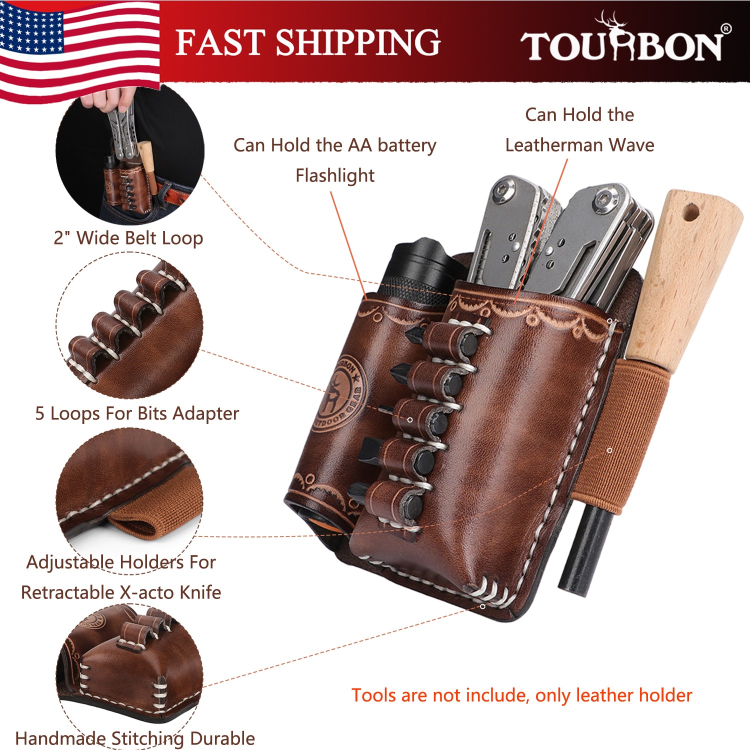 TOURBON Leather 4-in-1 Tools Belt Holder EDC/Flashlight/Bits Adapte