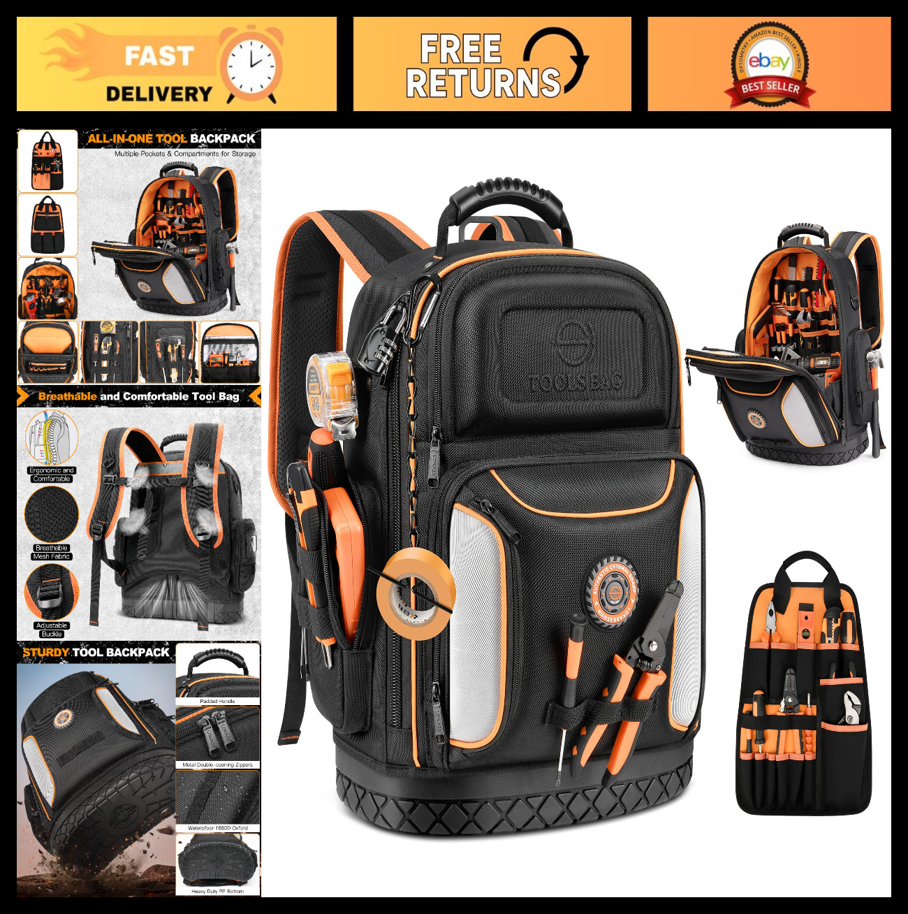 Heavy-Duty 18.1″ Tool Backpack, 75 Pockets, Molded Base, Lockable for Electricia