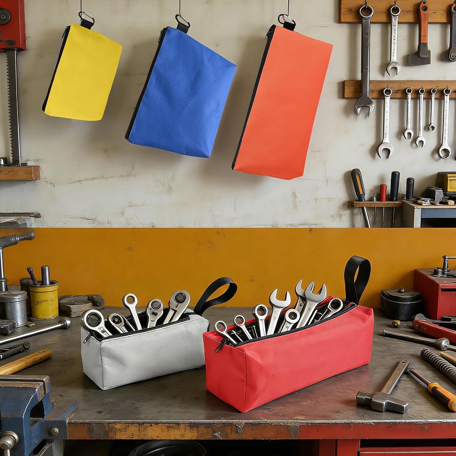 6 Pack Tool Pouch Zipper Bags, Large Multi-Size Tool Organizer with Carabiner& C
