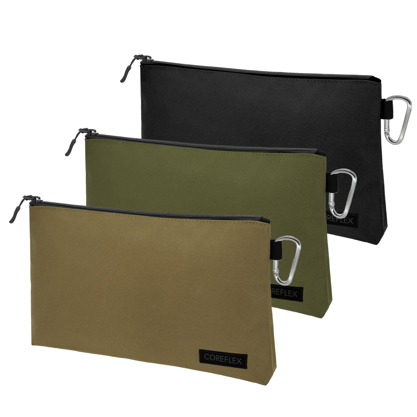 COREFLEX Premium Tool Pouch Zipper Bag, 3 pack Large 12inch Khaki, Silver